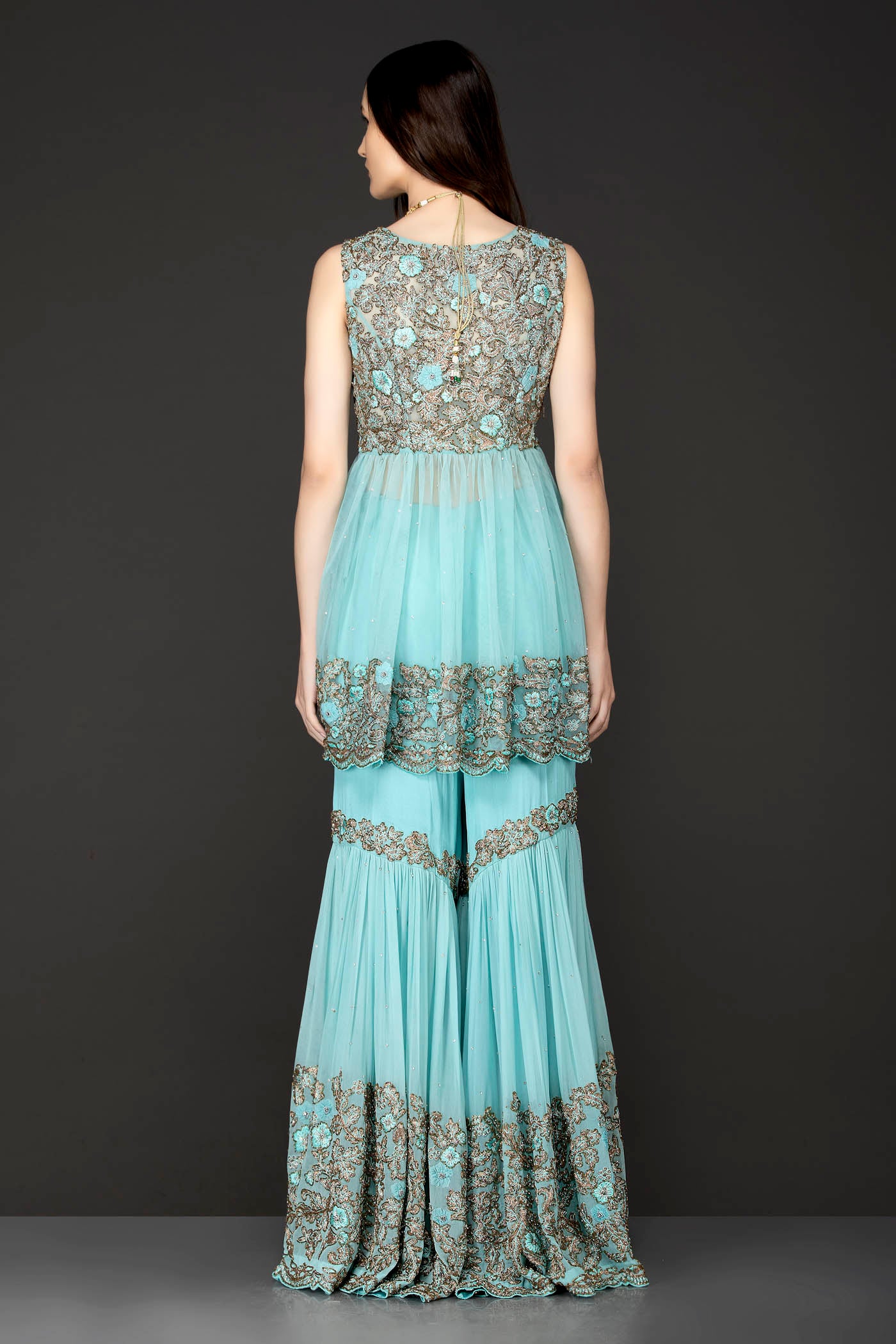 Sky Blue Peplum Net Top With Georgette Sharara And Net Dupatta