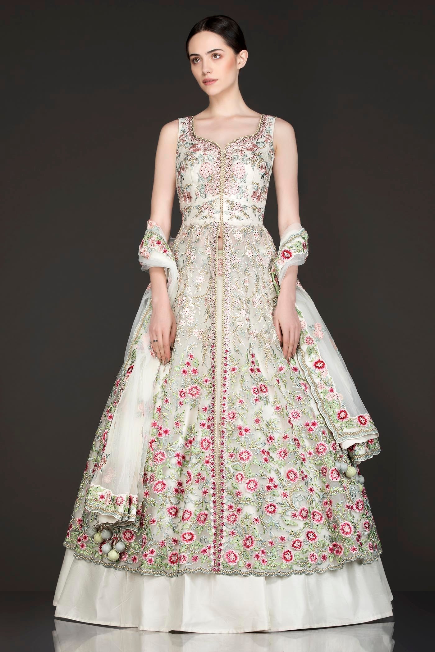 Ivory Colour Net Jacket And Silk Skirt With Net Dupatta