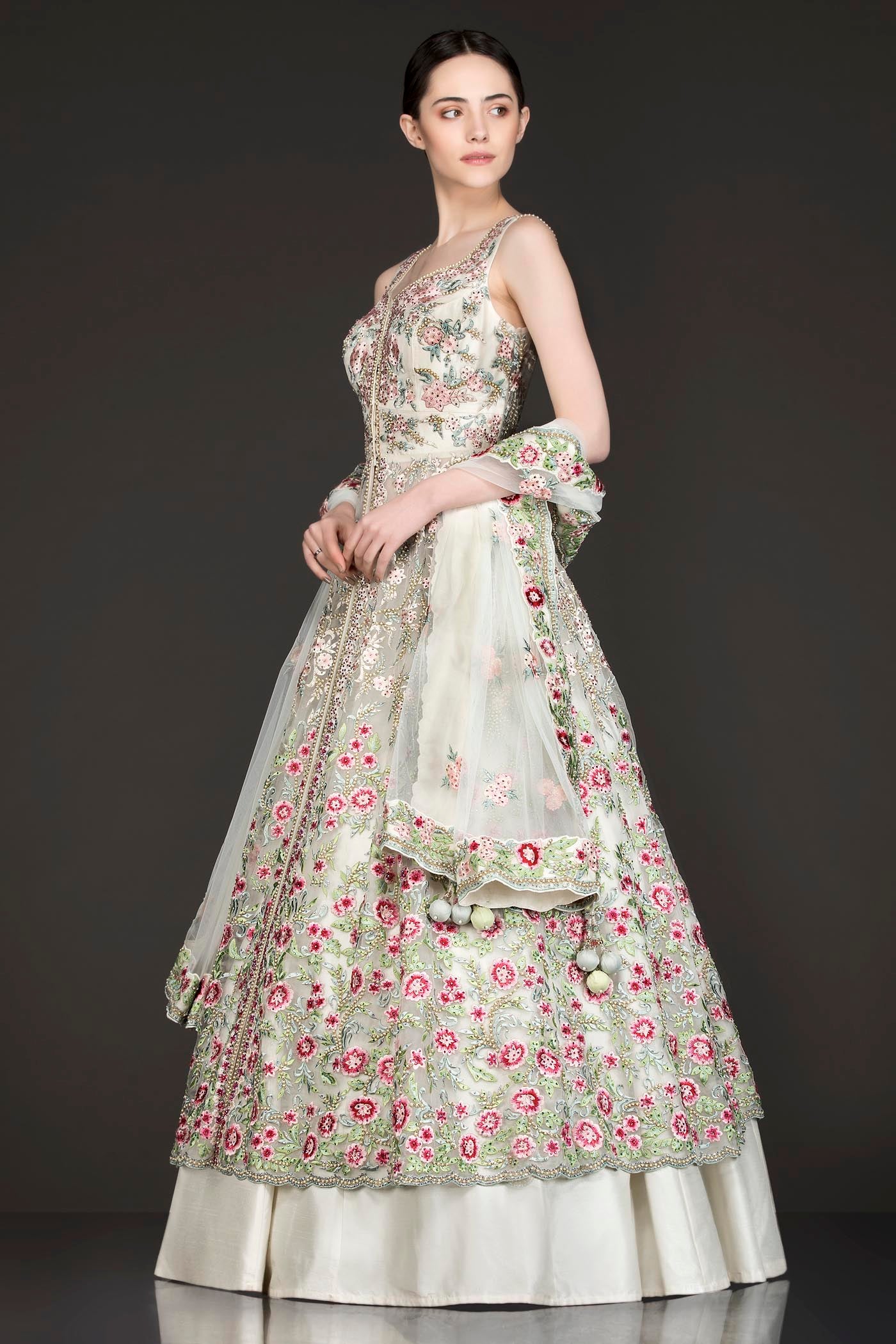 Ivory Colour Net Jacket And Silk Skirt With Net Dupatta