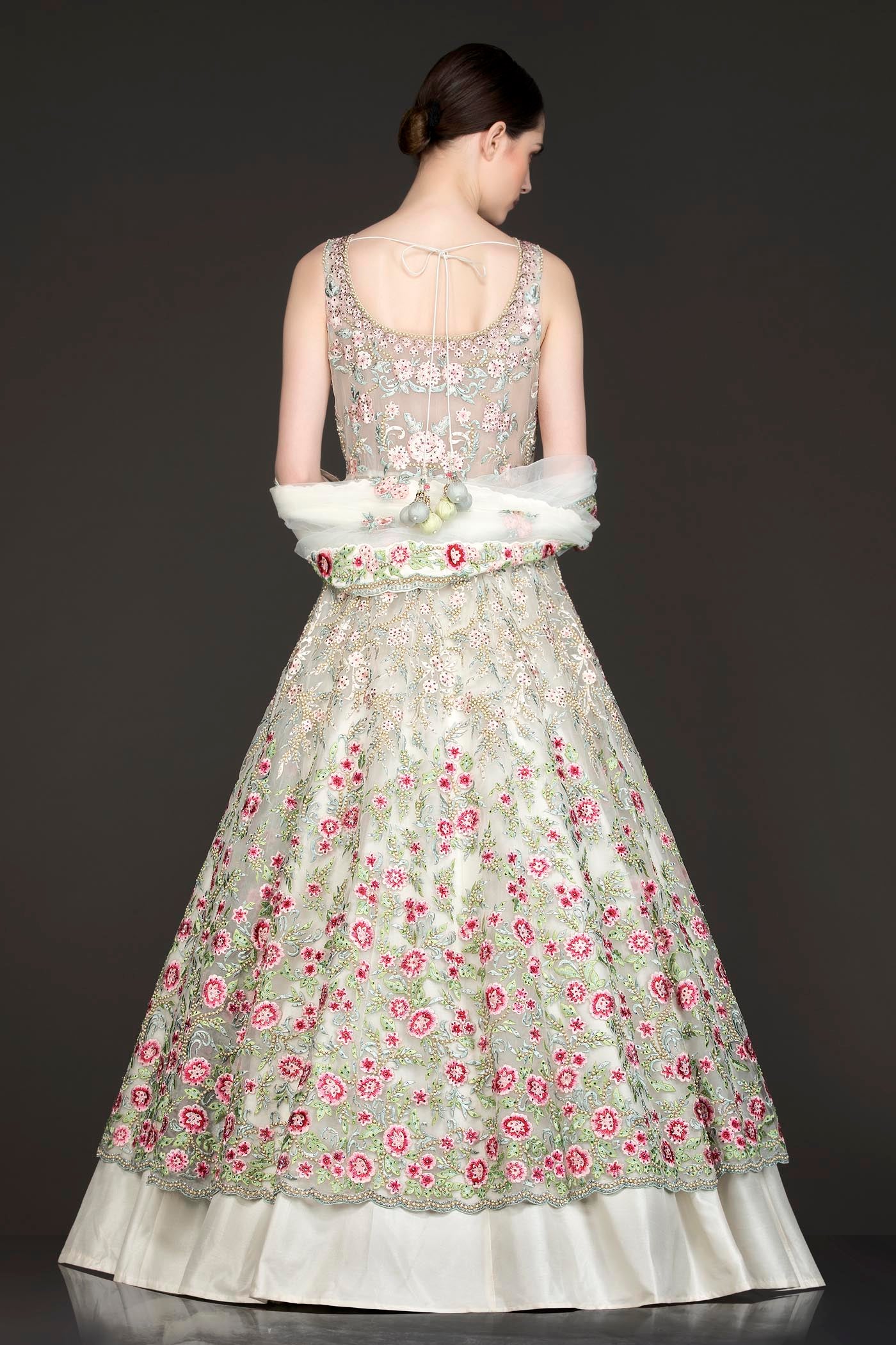 Ivory Colour Net Jacket And Silk Skirt With Net Dupatta