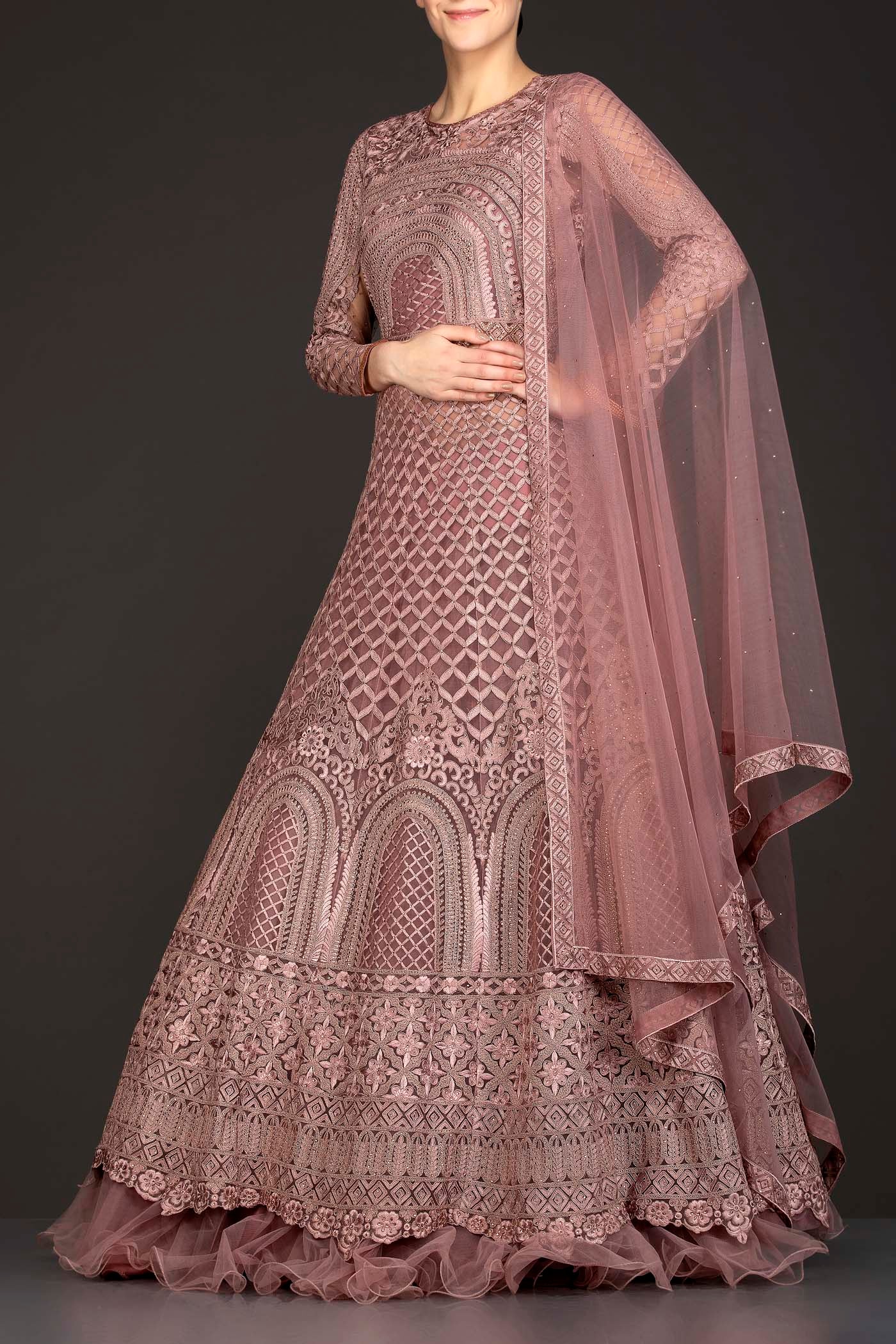 Dusty Pink Net Anarkali/Gown With Net Skirt And Net Dupatta With Thread Work