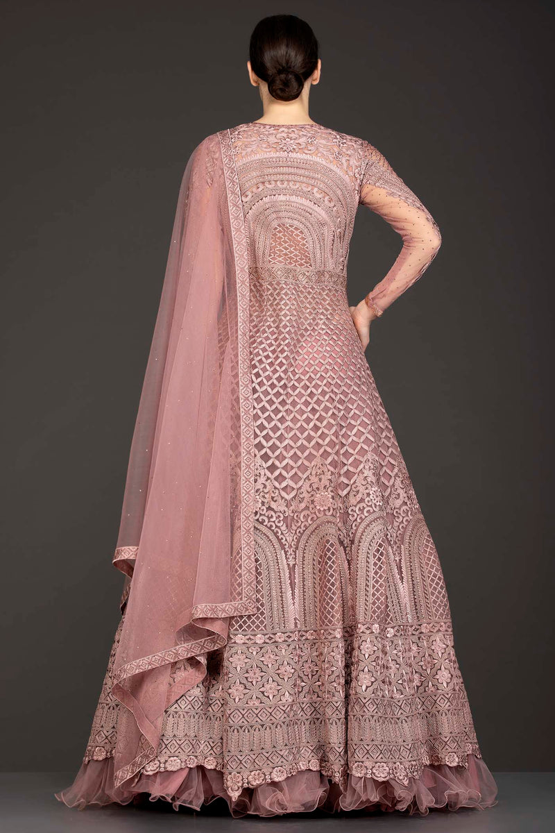 Dusty Pink Net Anarkali/Gown With Net Skirt And Net Dupatta With Thread Work