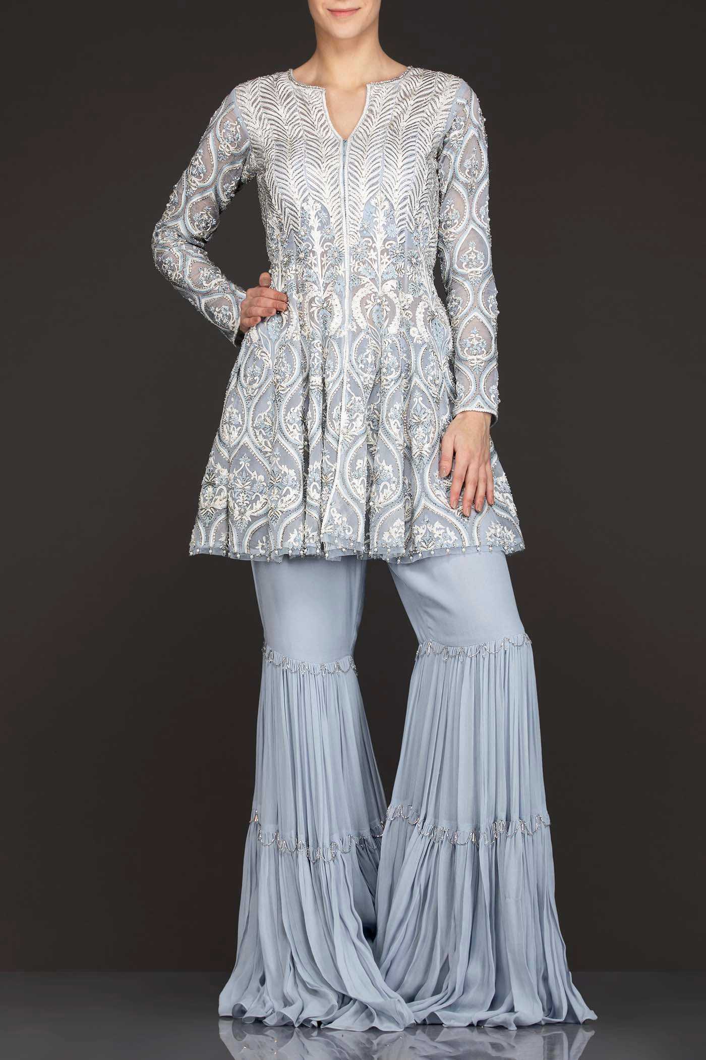 Grey Organza Peplum Top With Frill Grey Sharara And Net Dupatta With White Resham Embroidery