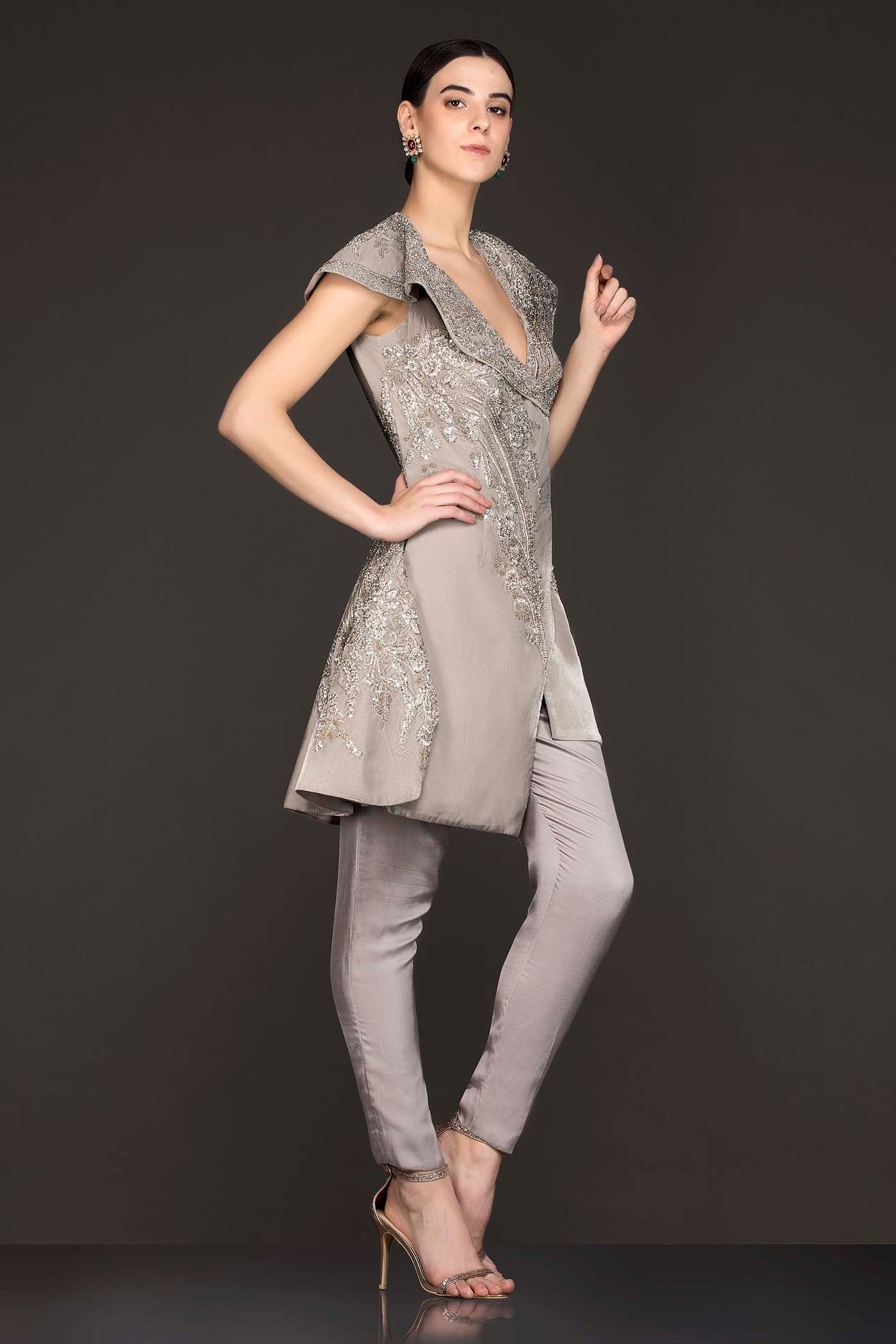 Grey Suede Asymmetric Peplum Jacket Top With Satin Georgette Pants