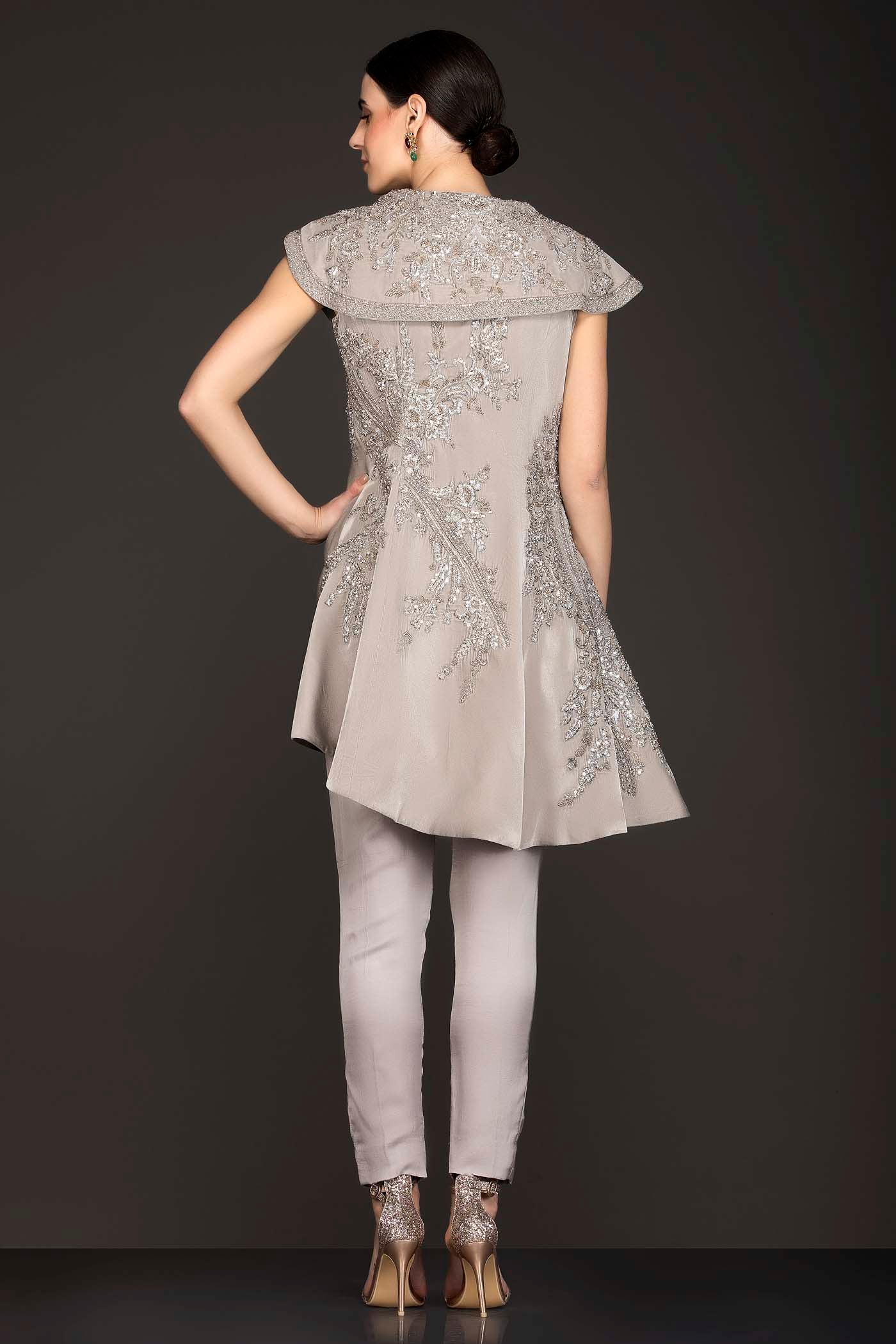 Grey Suede Asymmetric Peplum Jacket Top With Satin Georgette Pants