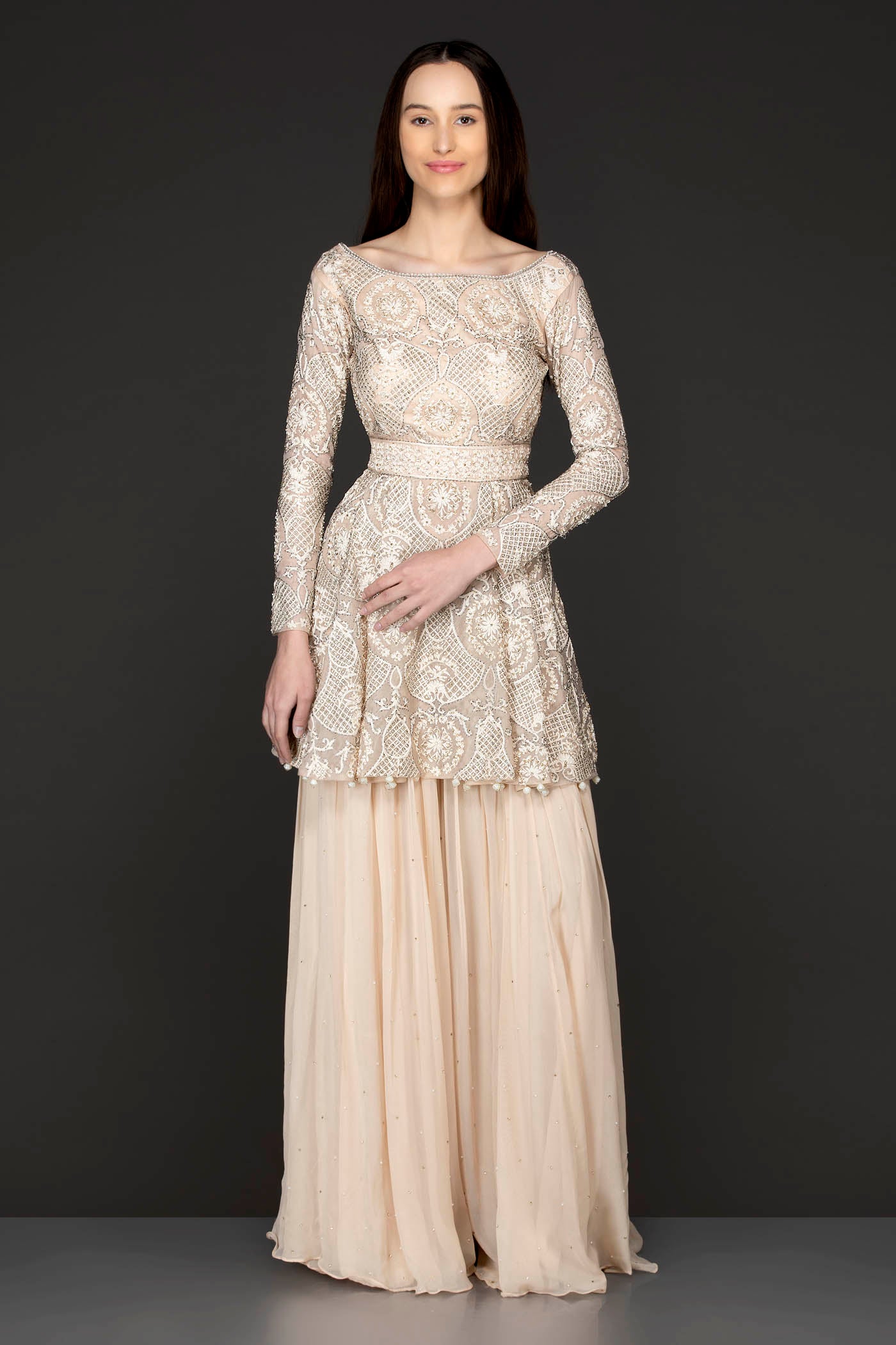 Ivory Colour Peplum Sharara With Tone To Tone Reasham/Thread Work