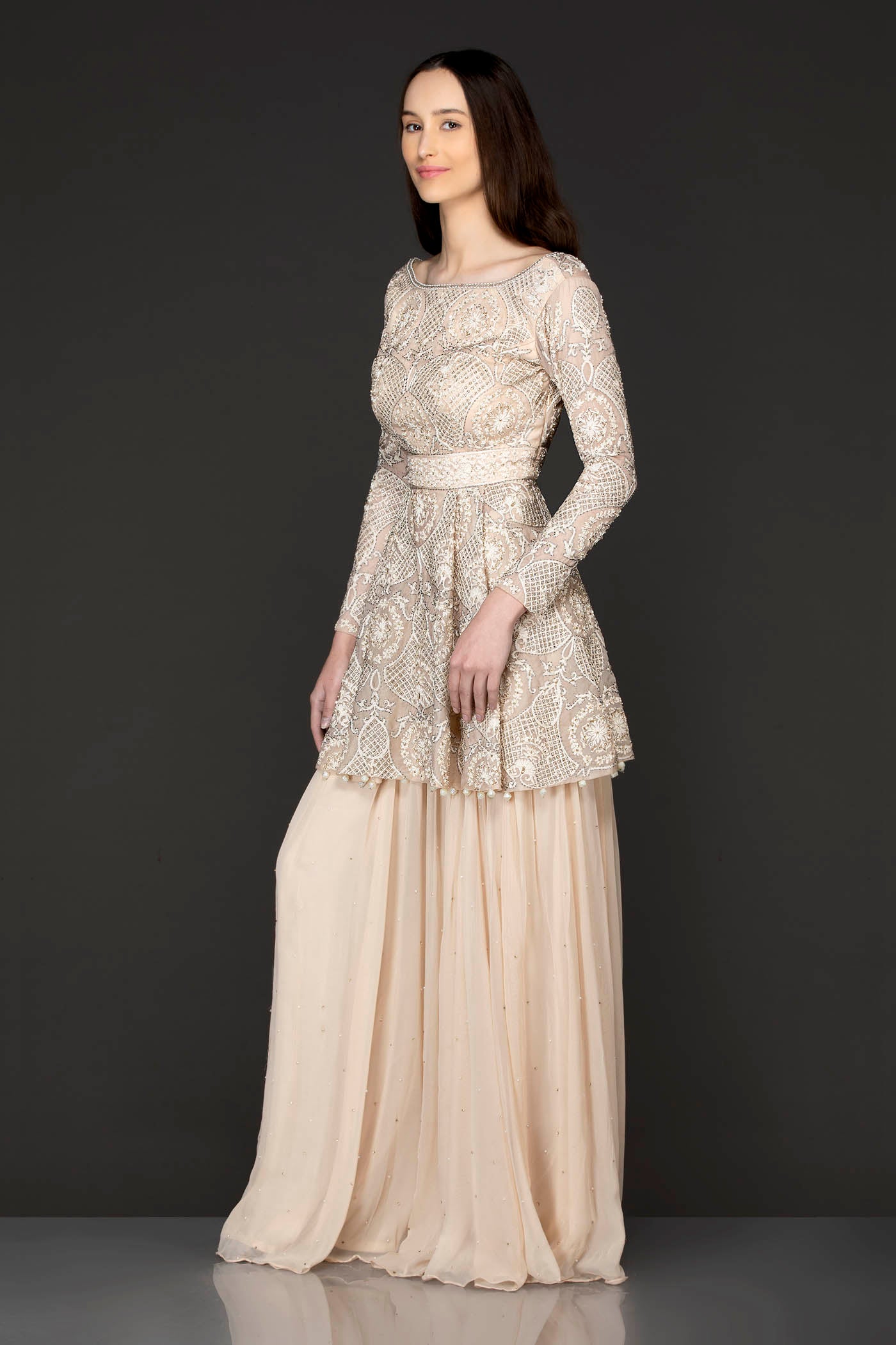 Ivory Colour Peplum Sharara With Tone To Tone Reasham/Thread Work