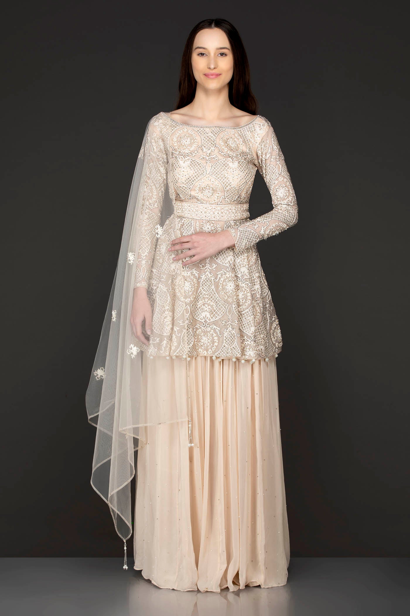 Ivory Colour Peplum Sharara With Tone To Tone Reasham/Thread Work