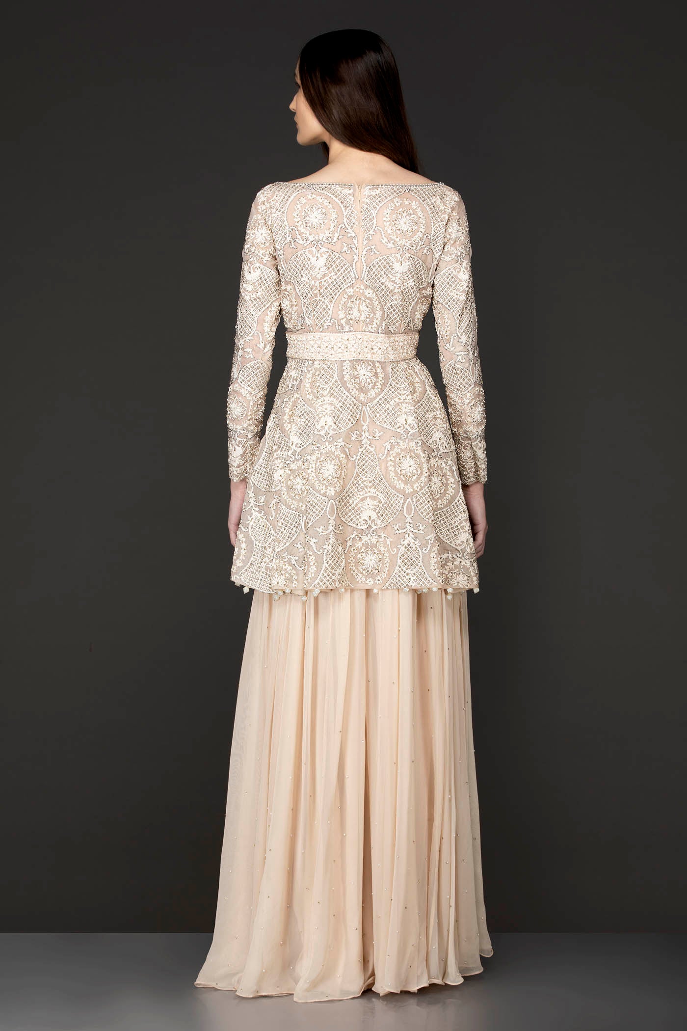 Ivory Colour Peplum Sharara With Tone To Tone Reasham/Thread Work