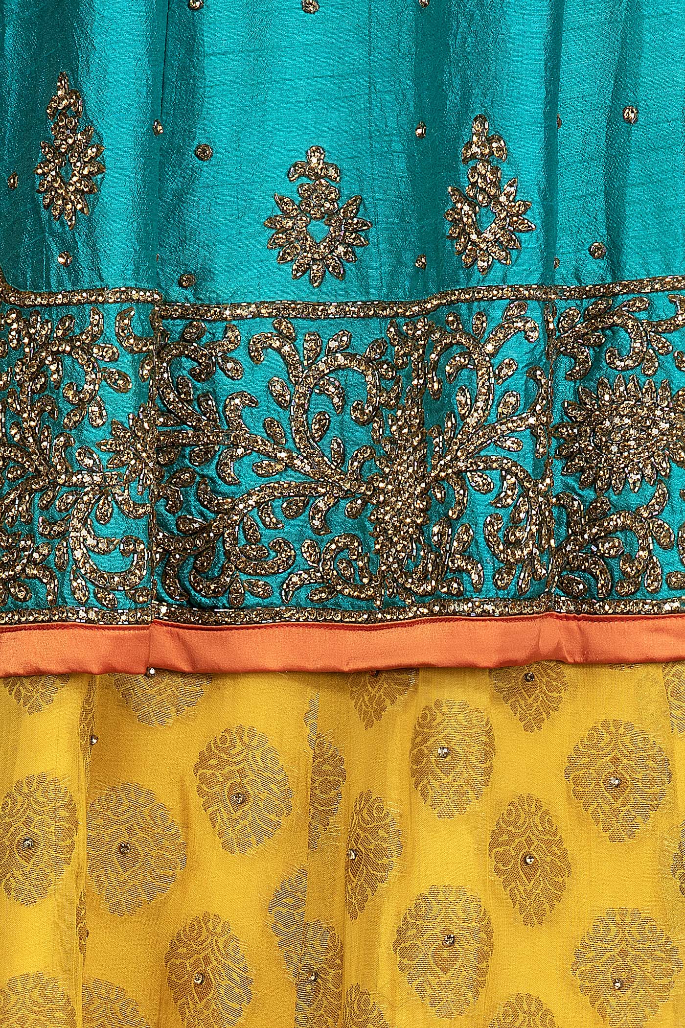Dark Green Silk Long Kameez With Bootie Georgette Lehenga And Orange Net Dupatta
