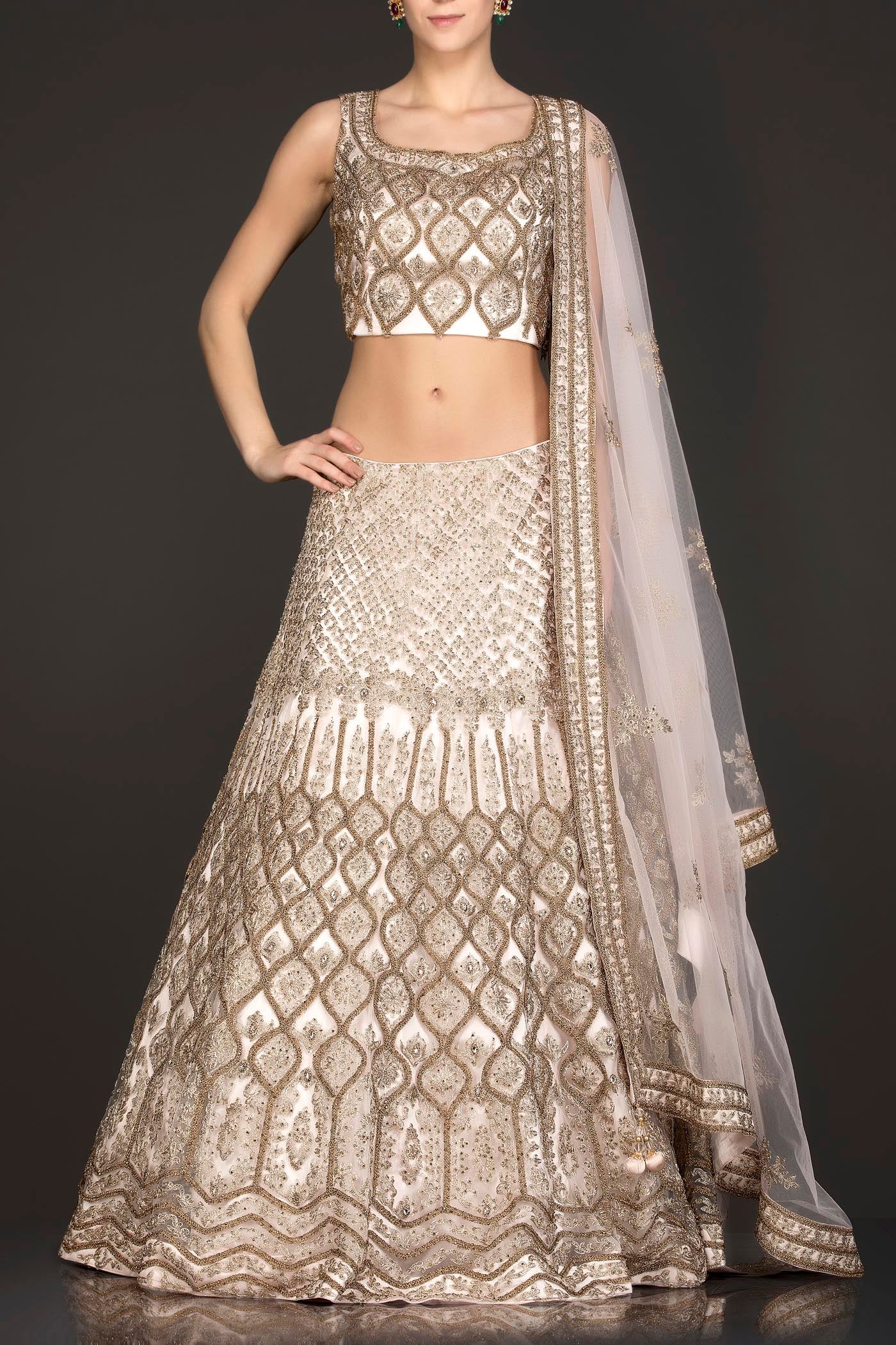 Nude Colour Net Lehenga Top Dupatta With Heavy Zari Embroidery