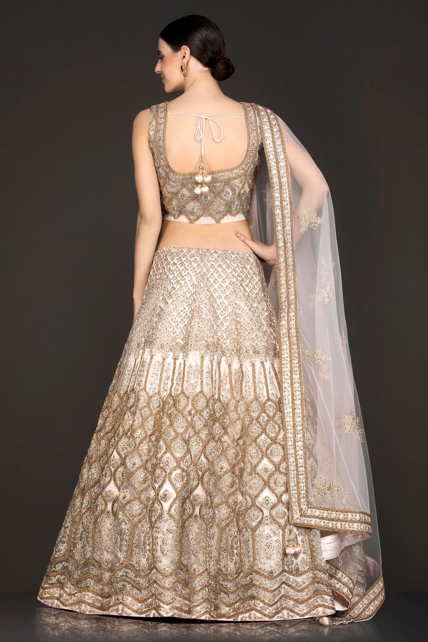 Nude Colour Net Lehenga Top Dupatta With Heavy Zari Embroidery