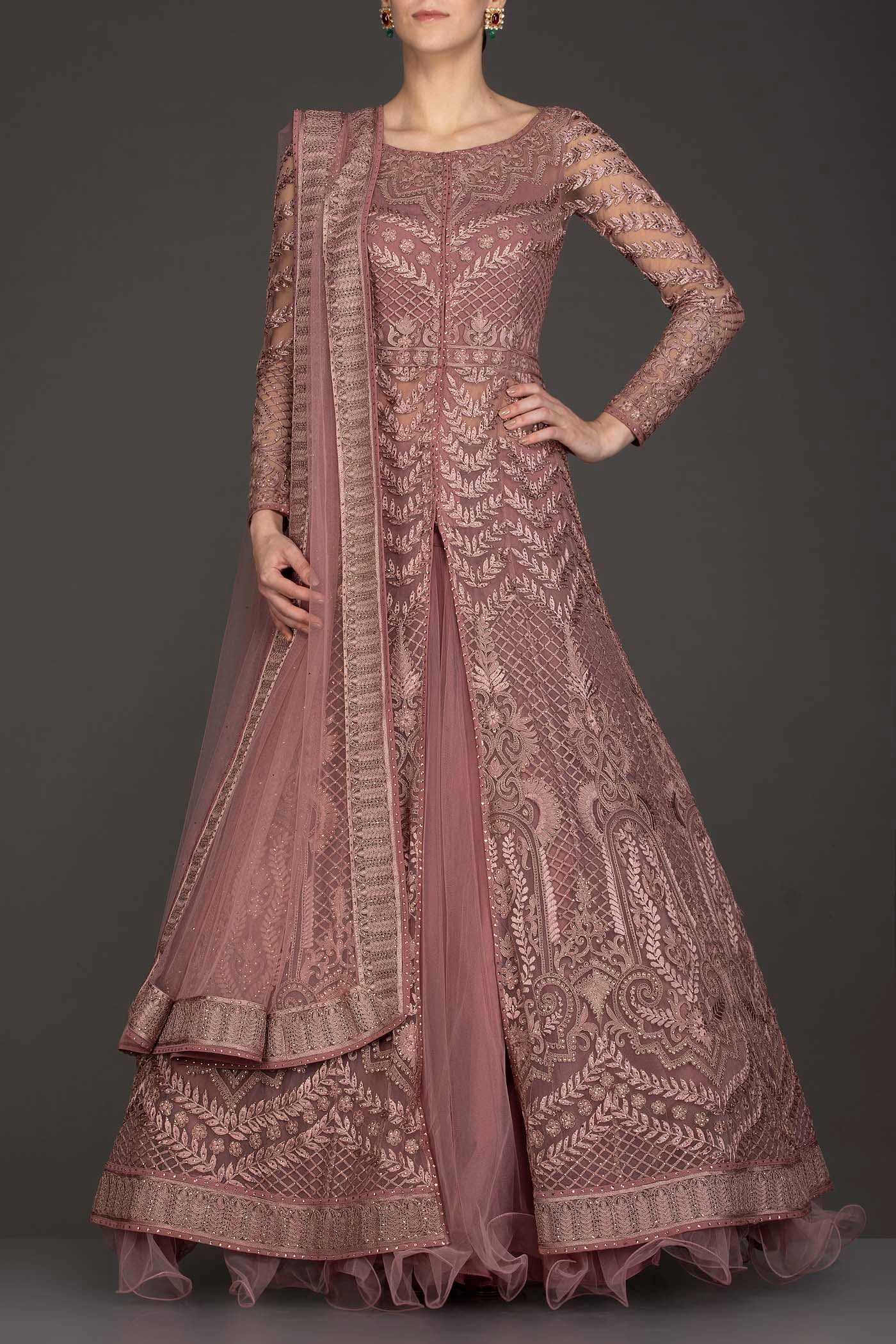 Mauve Colour Jacket Gown With Net Skirt And Net Dupatta