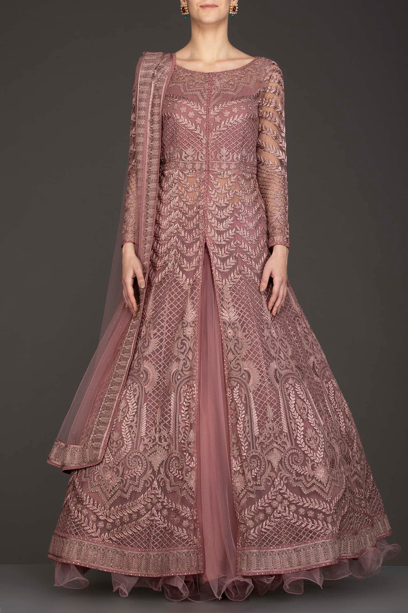 Mauve Colour Jacket Gown With Net Skirt And Net Dupatta