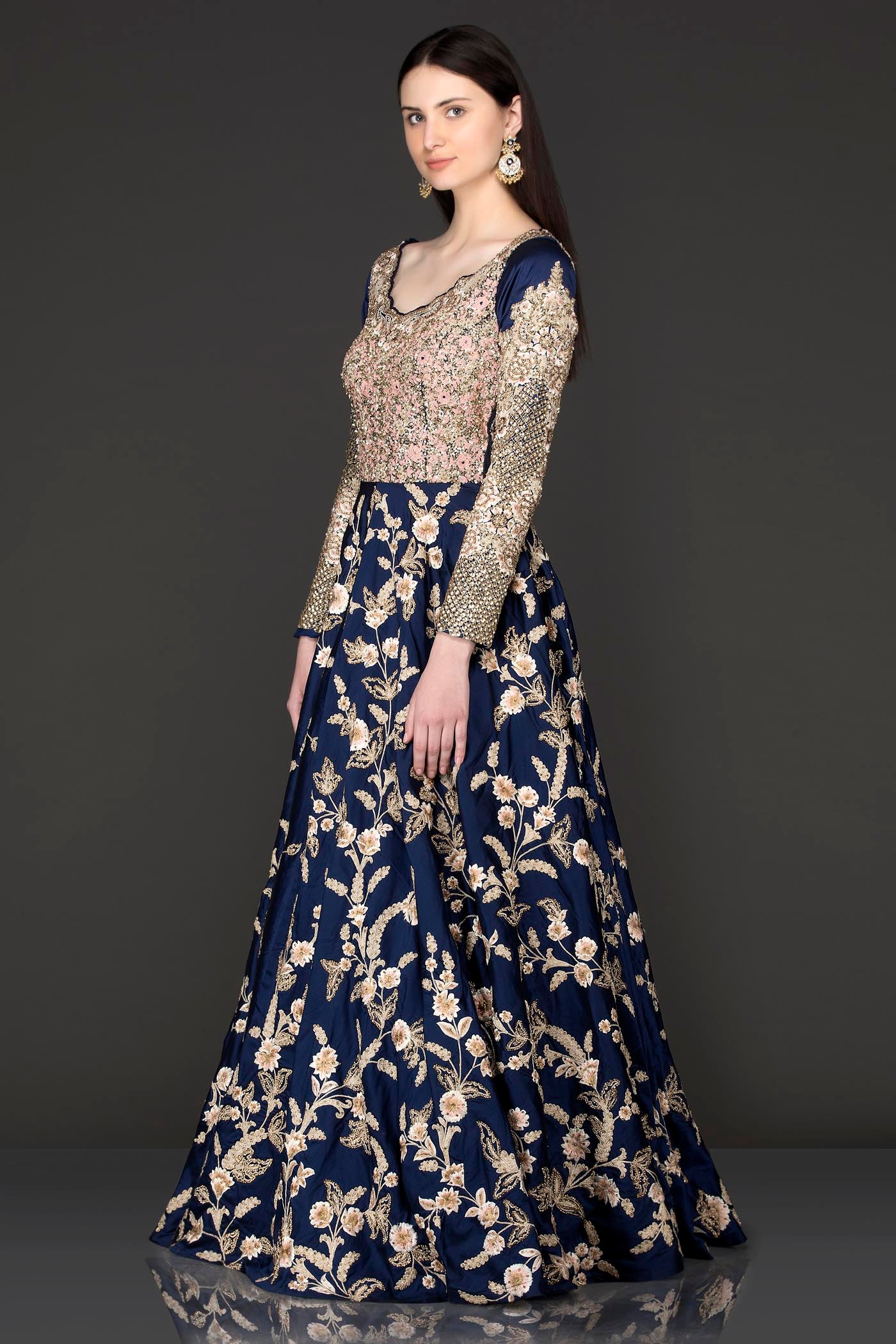 Navy Blue Colour Silk Anarkali/Gown With Sequence Top Part With Net Dupatta