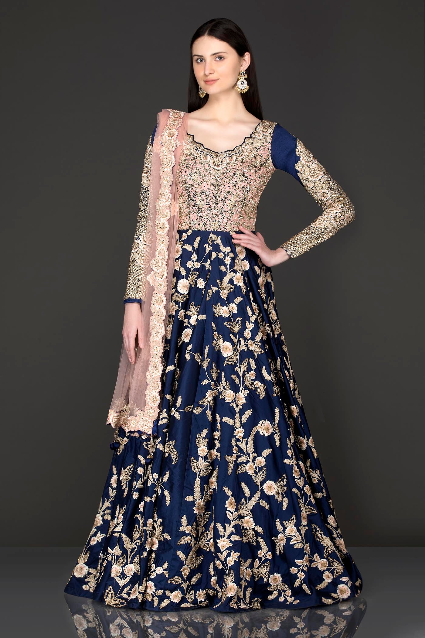 Navy Blue Colour Silk Anarkali/Gown With Sequence Top Part With Net Dupatta