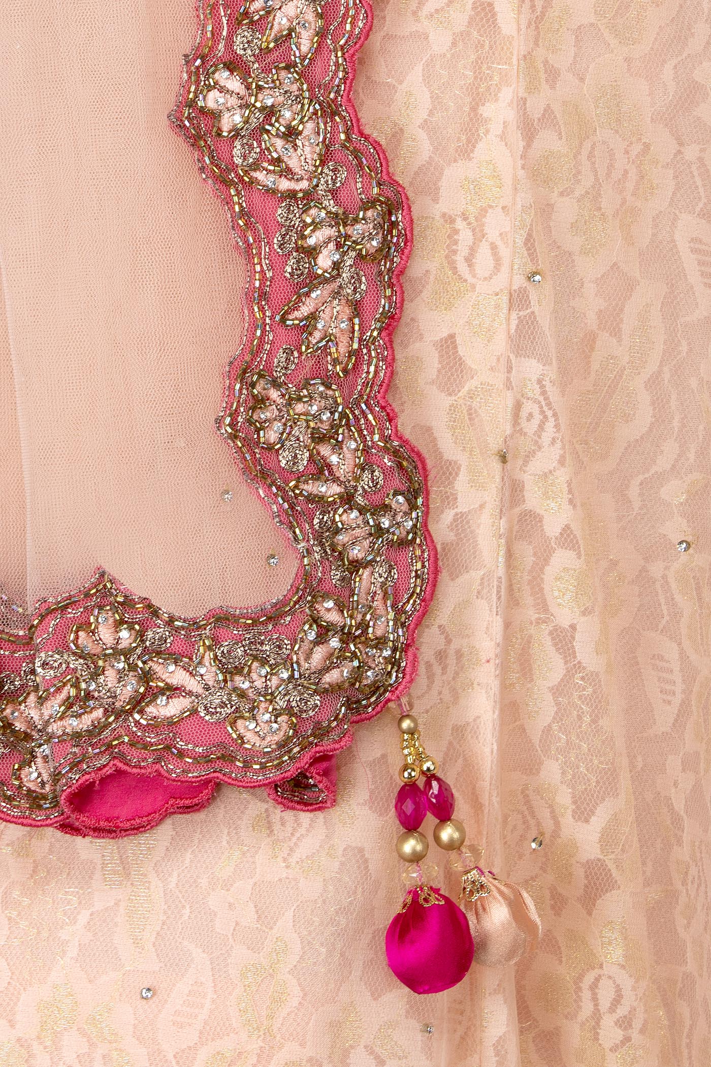 Fuchsia Pink Silk Top And Peach Organza Skirt With Lace Linning With Peach Net Dupatta
