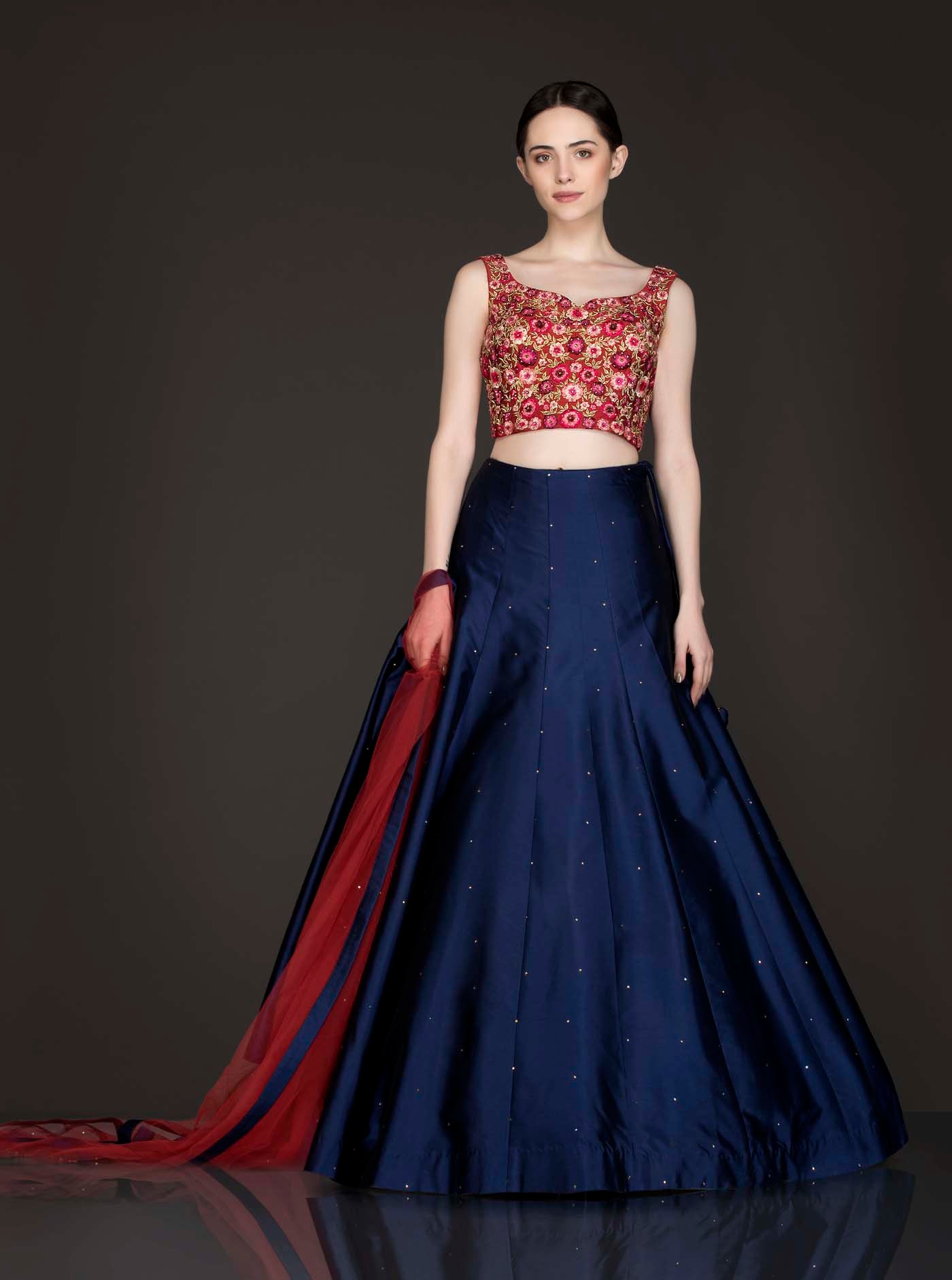 Maroon Silk Thread Work And Zari Embroidery Top With Royal Blue Silk Skirt And Maroon Net Dupatta