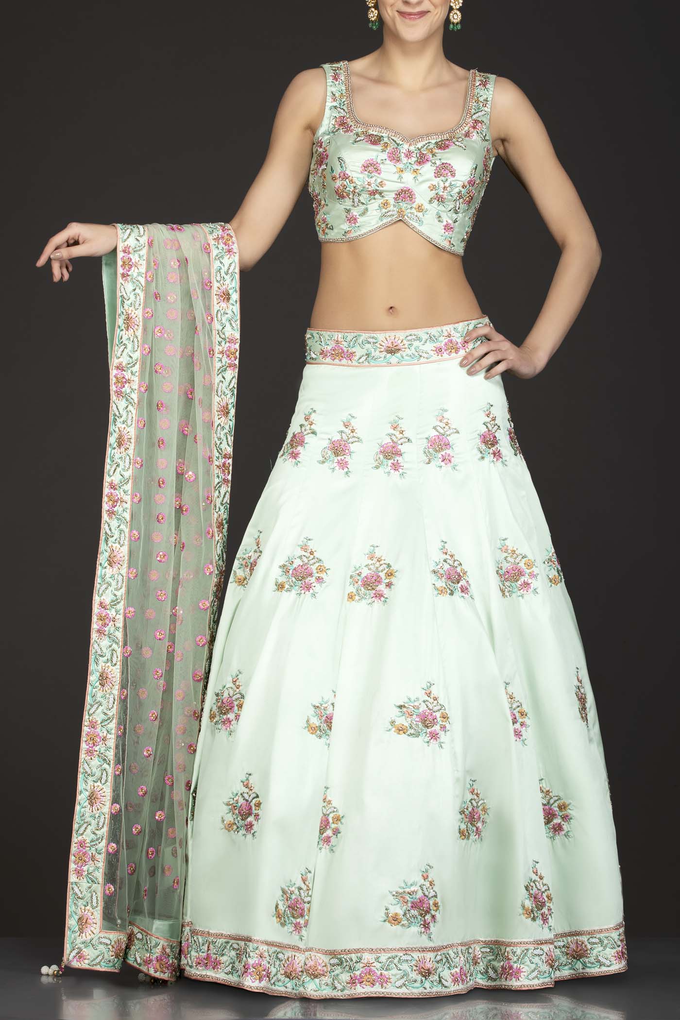Mint Green Silk Top And Lehenga With Mint Green Net Dupatta