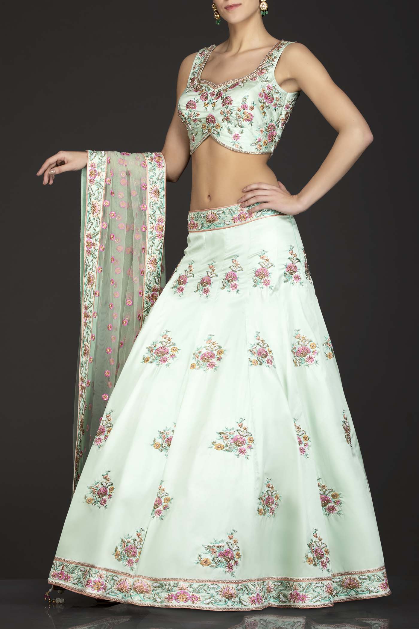 Mint Green Silk Top And Lehenga With Mint Green Net Dupatta
