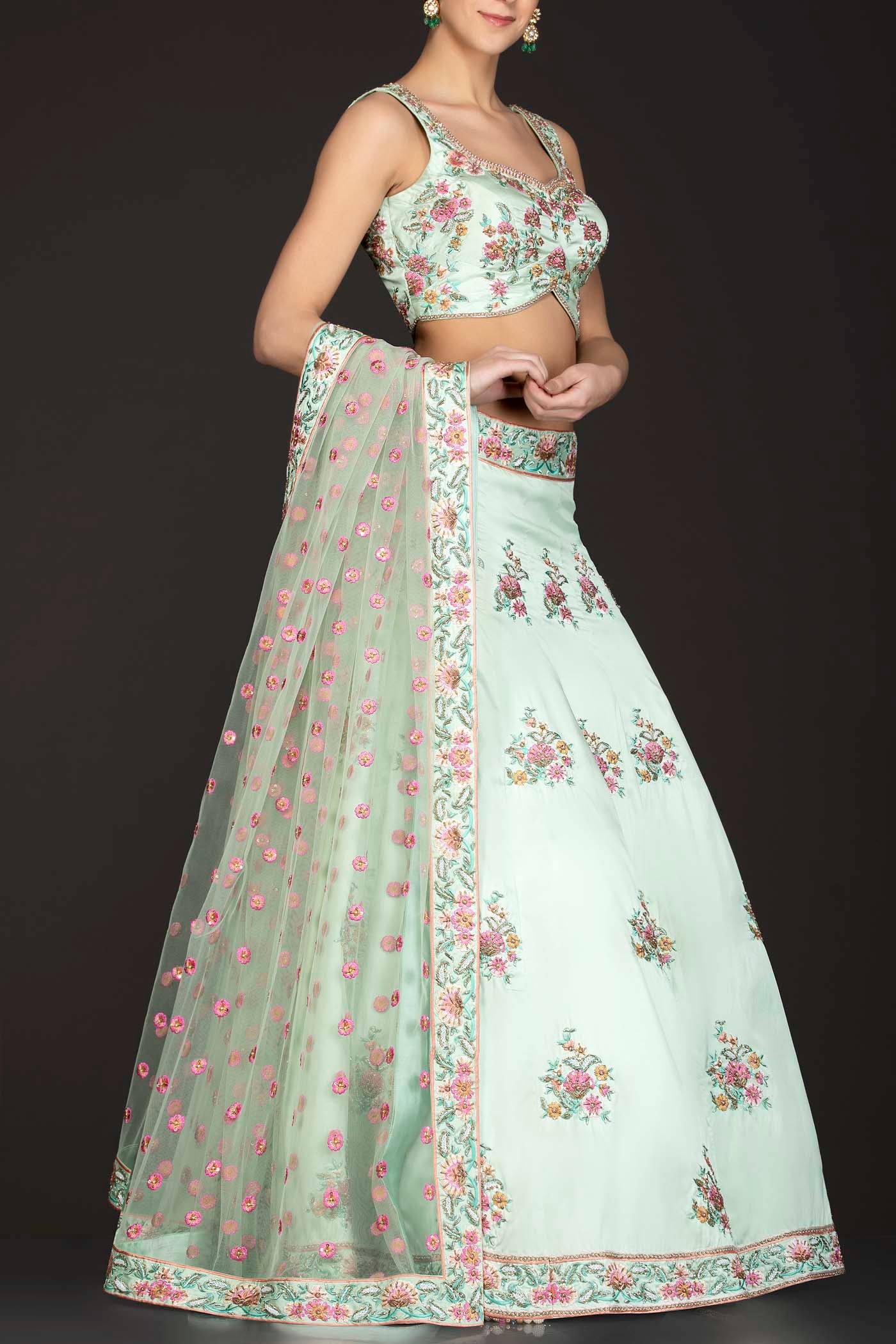 Mint Green Silk Top And Lehenga With Mint Green Net Dupatta
