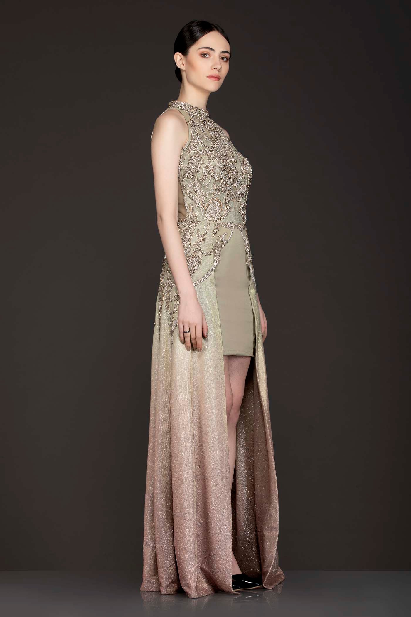 Mint To Peach Ombre Dress Gown With Silver Dabka Embroidery