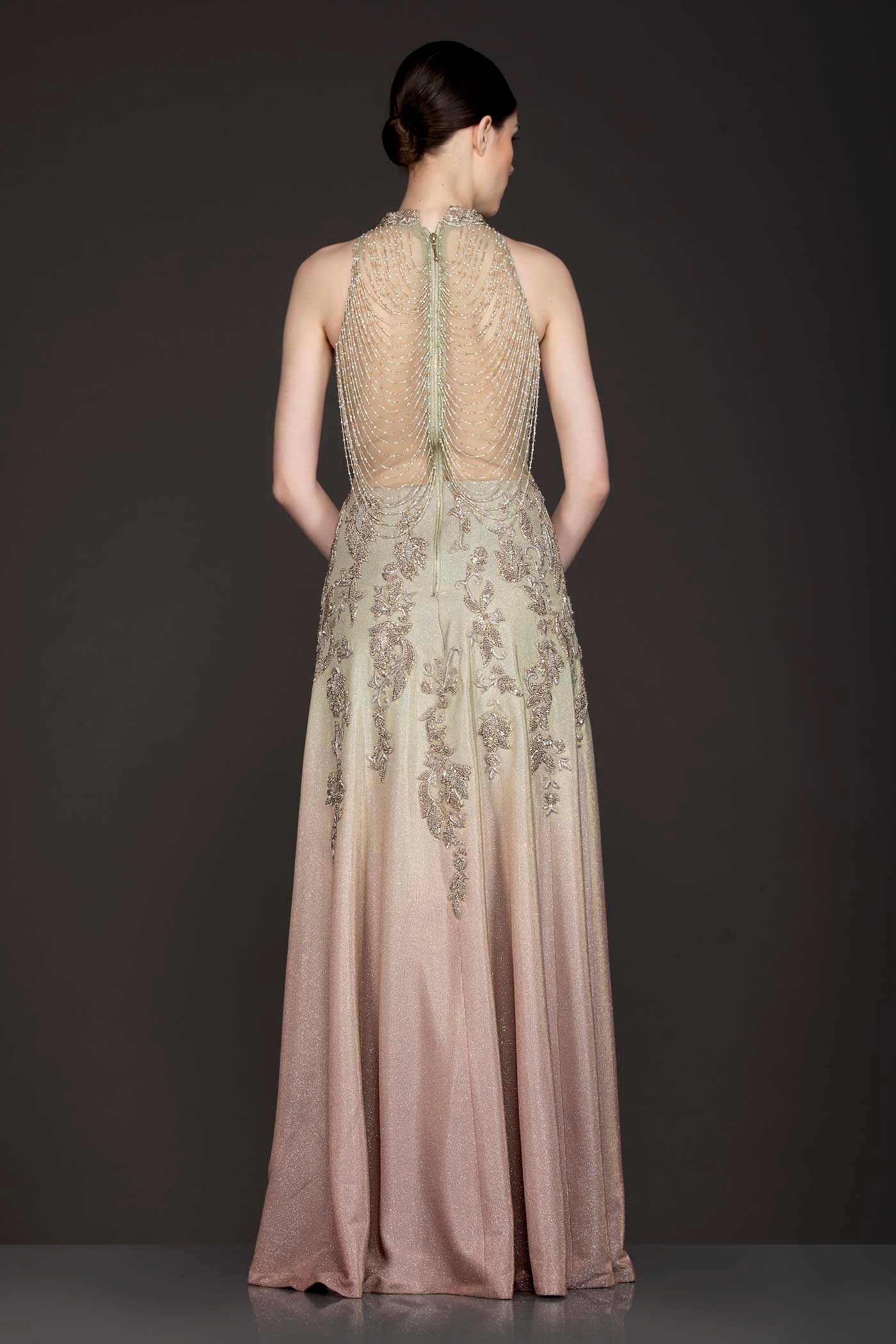 Mint To Peach Ombre Dress Gown With Silver Dabka Embroidery