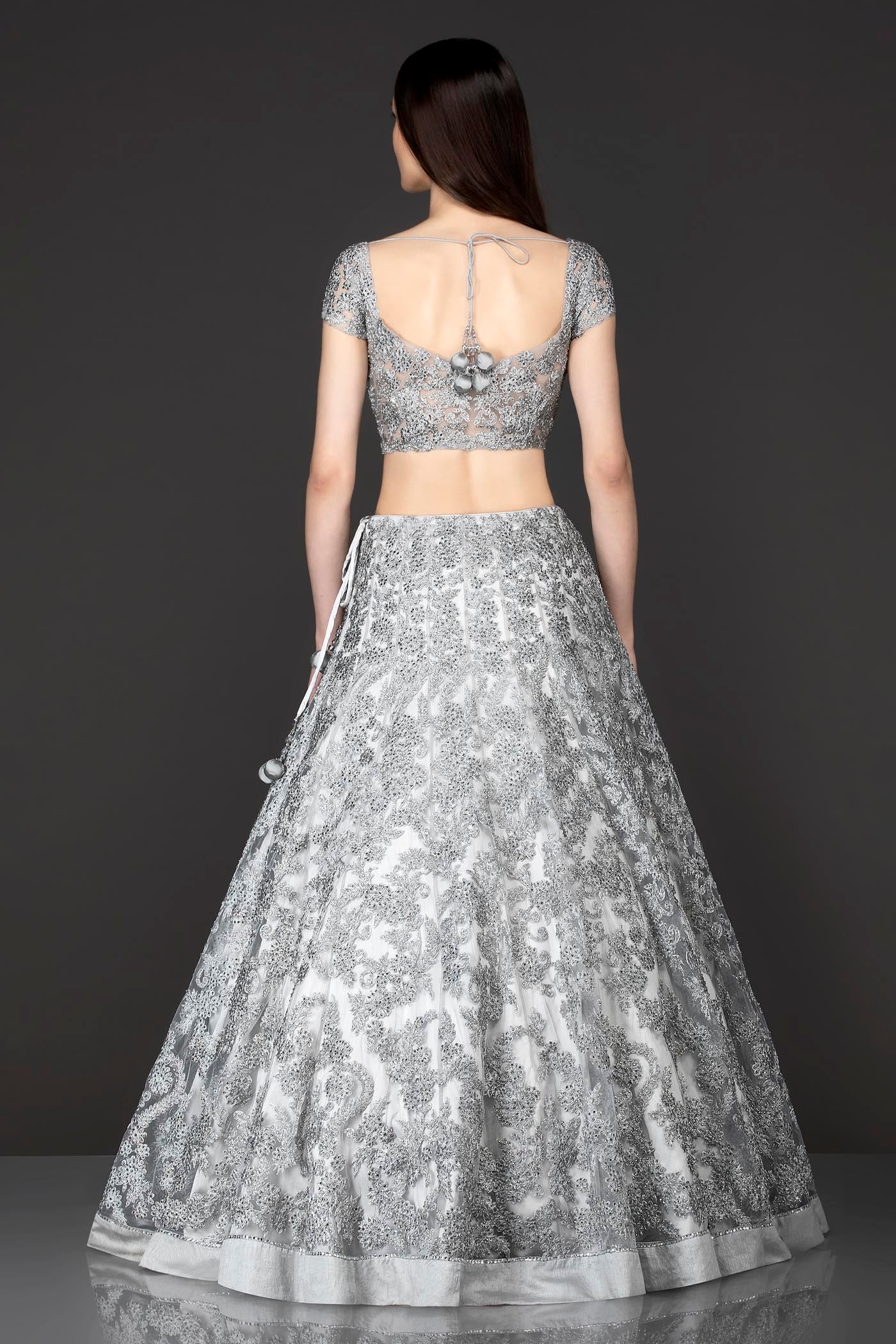 Grey Net Lehenga Skirt Top Dupatta