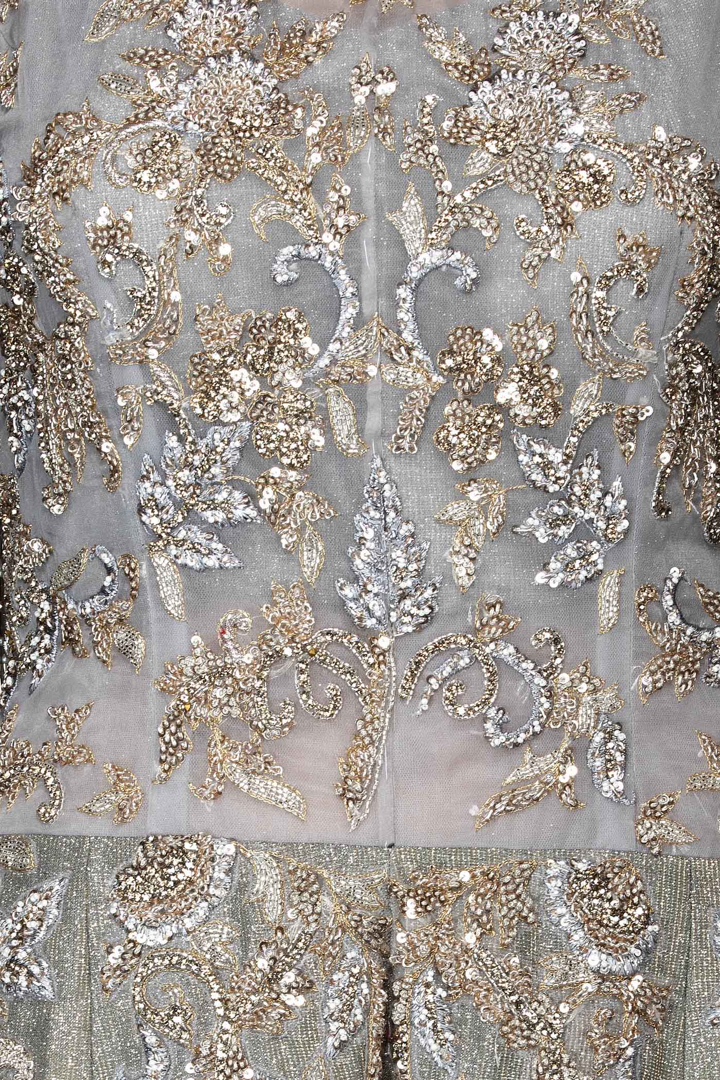 Grey To Dark Peach Ombre Sequence Jumpsuit Wih Silver Dabka And Stone Embroidery