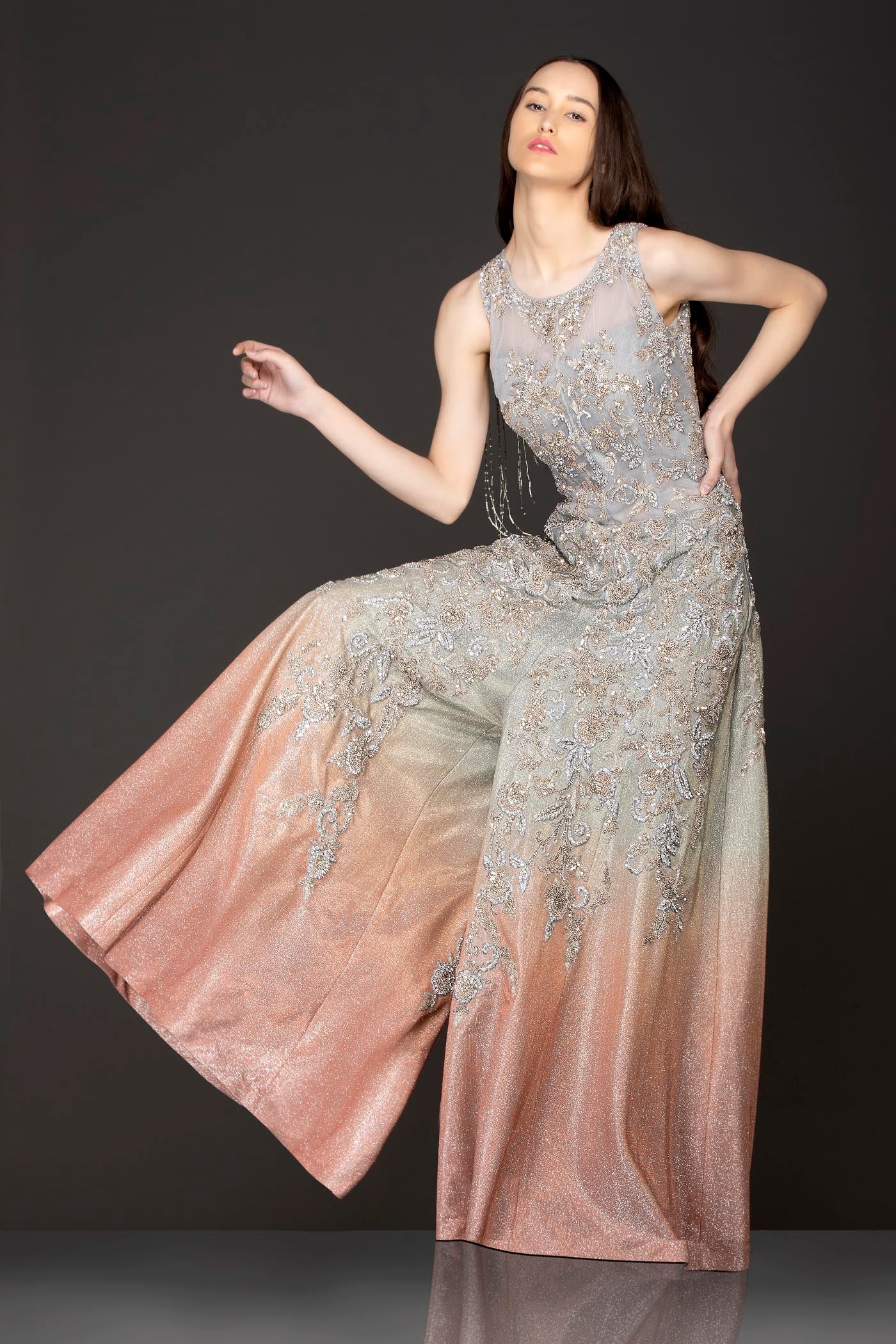 Grey To Dark Peach Ombre Sequence Jumpsuit Wih Silver Dabka And Stone Embroidery