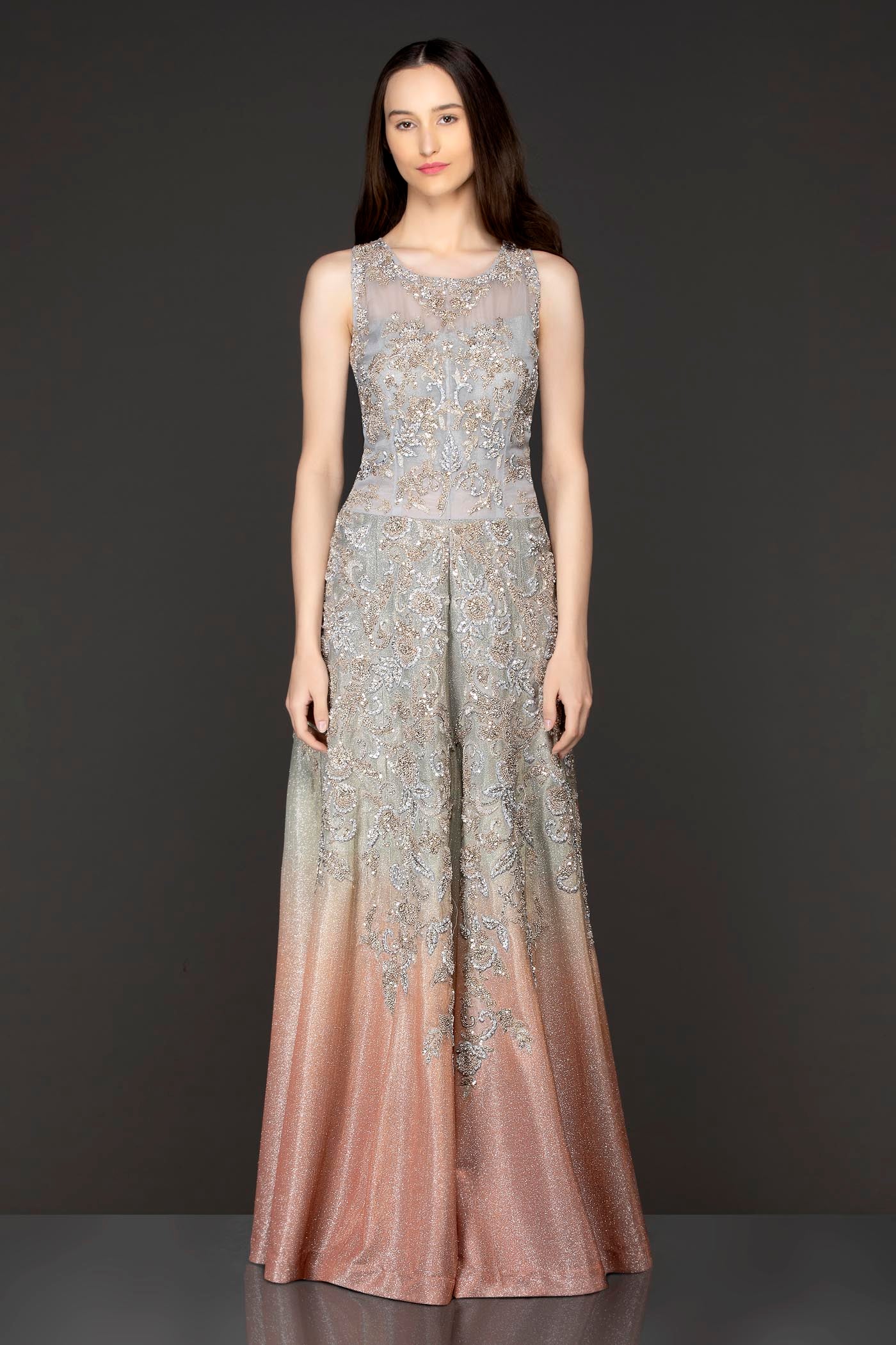 Grey To Dark Peach Ombre Sequence Jumpsuit Wih Silver Dabka And Stone Embroidery