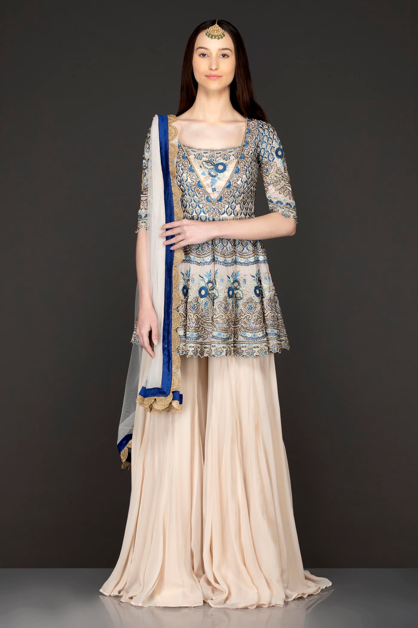 Ivory Colour Organza Peplum And Georgette Sharara And Net Dupatta Set
