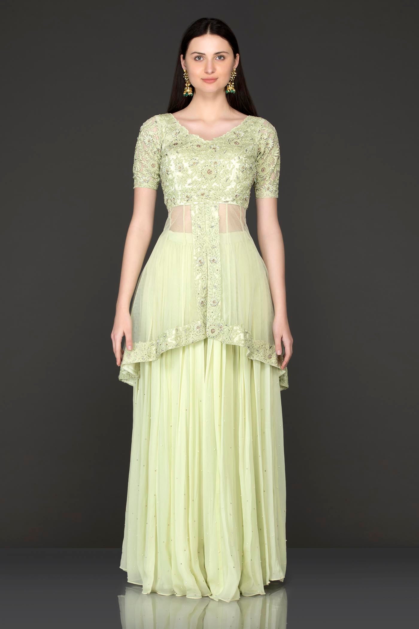 Mint Green Net Peplum Top Kameez With Georgette Sharara And Net Dupatta