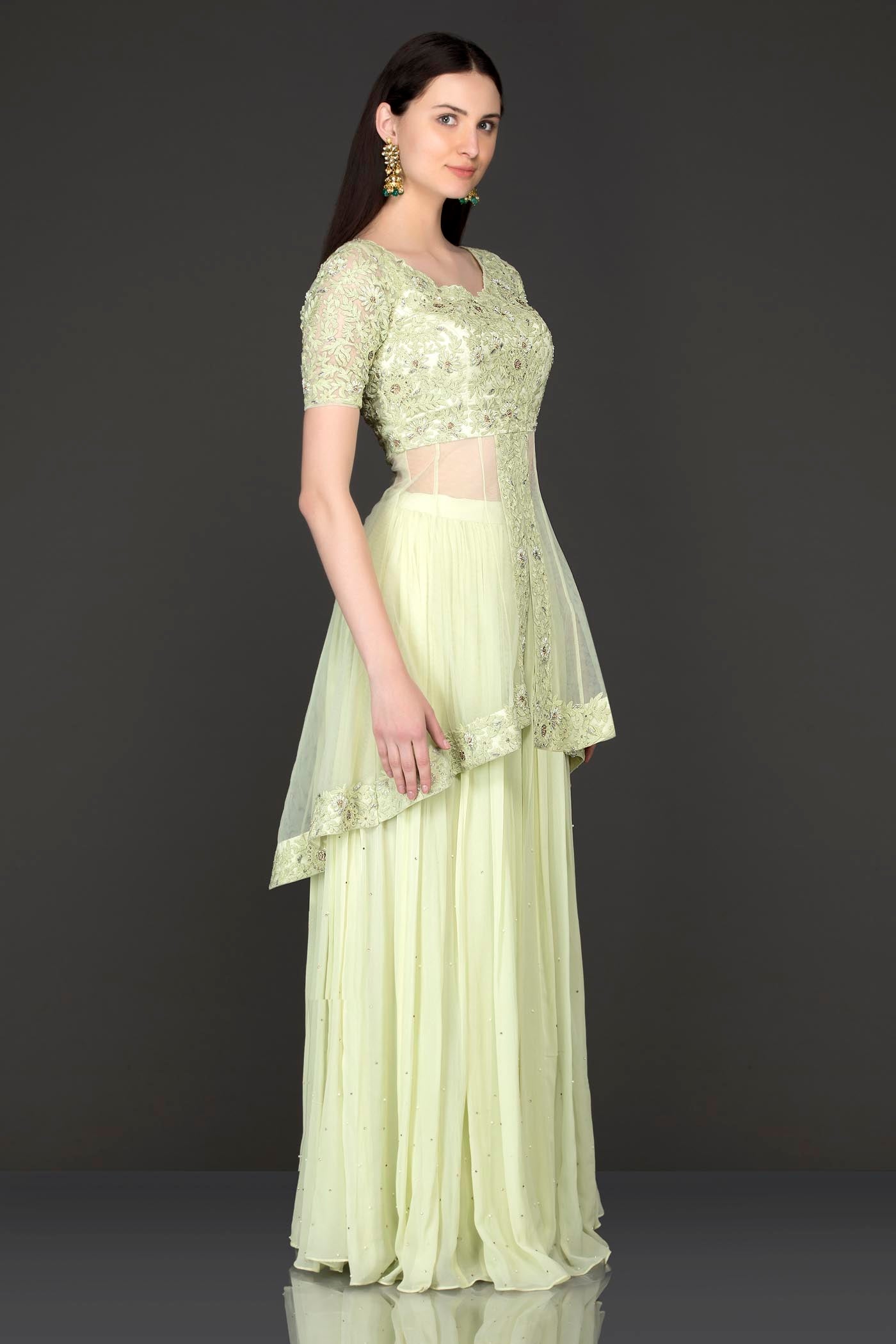 Mint Green Net Peplum Top Kameez With Georgette Sharara And Net Dupatta