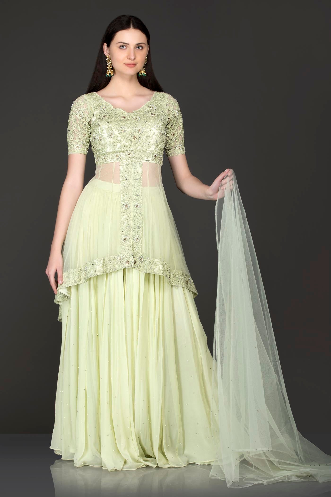 Mint Green Net Peplum Top Kameez With Georgette Sharara And Net Dupatta