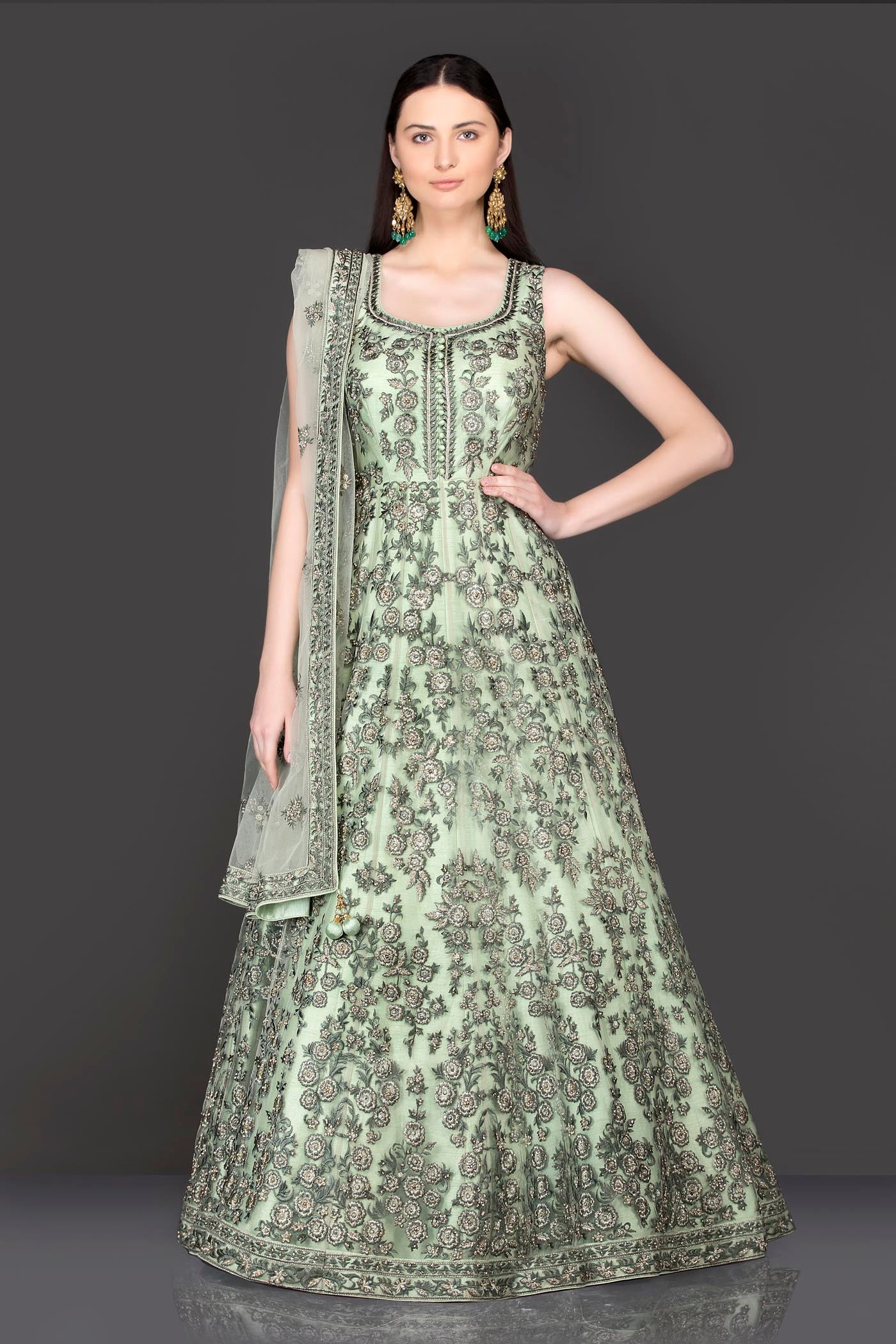 Net Anarkali/Gown With Dupatta in Tone To Tone Resham and Silver Stone work