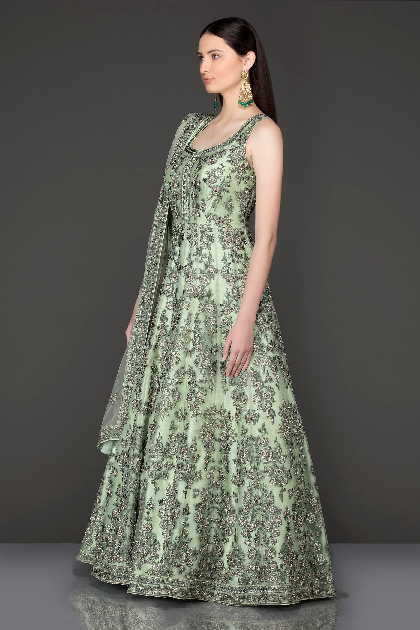 Net Anarkali/Gown With Dupatta in Tone To Tone Resham and Silver Stone work