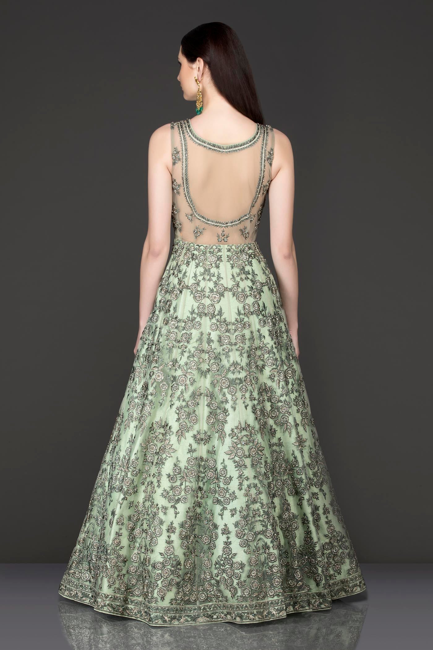 Net Anarkali/Gown With Dupatta in Tone To Tone Resham and Silver Stone work