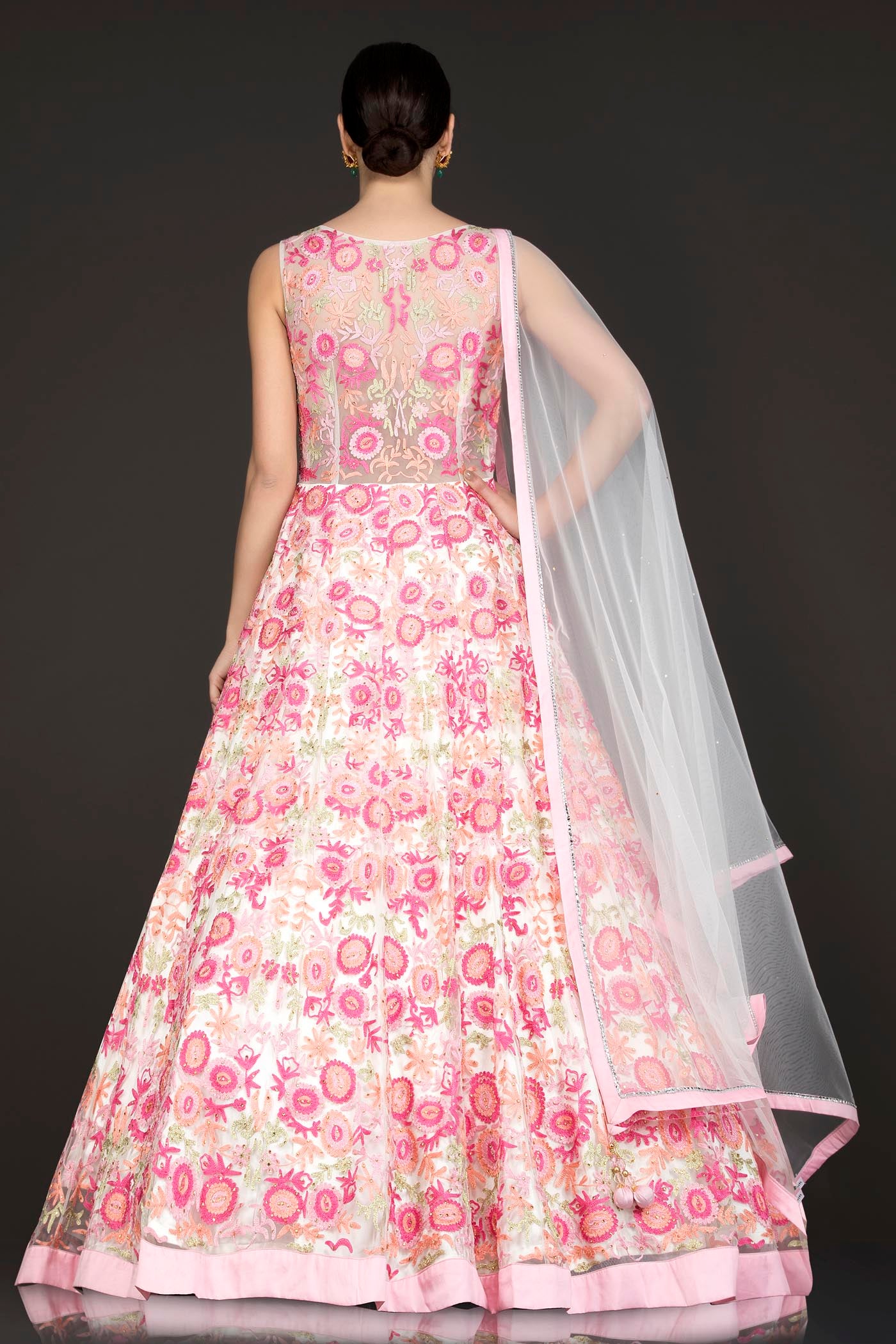 White Colour Net Anarkali/Gown With Net Dupatta And Multicolour Thread Embroidery