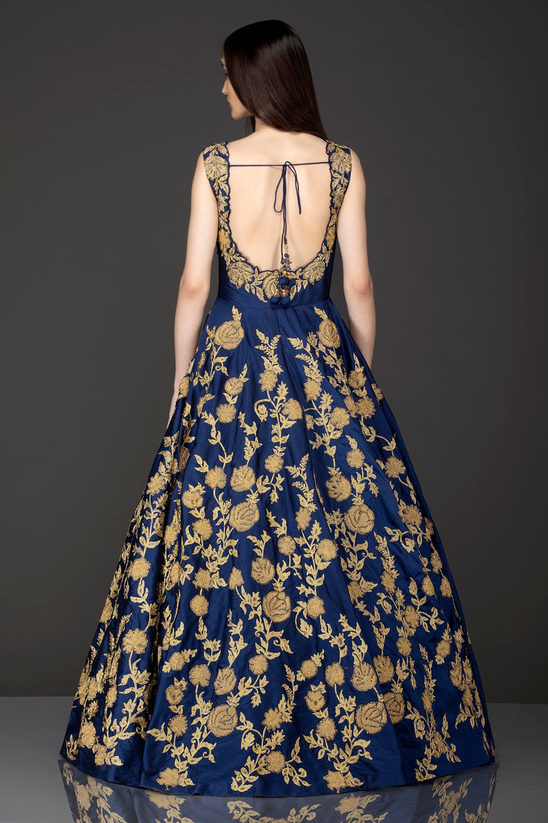 Royal Blue Silk Anarkali /Gown With Net Dupatta