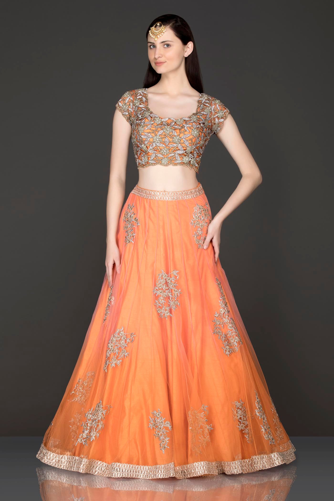 Burnt Orange Colour Lehenga Top And Dupatta With Cutwork Top