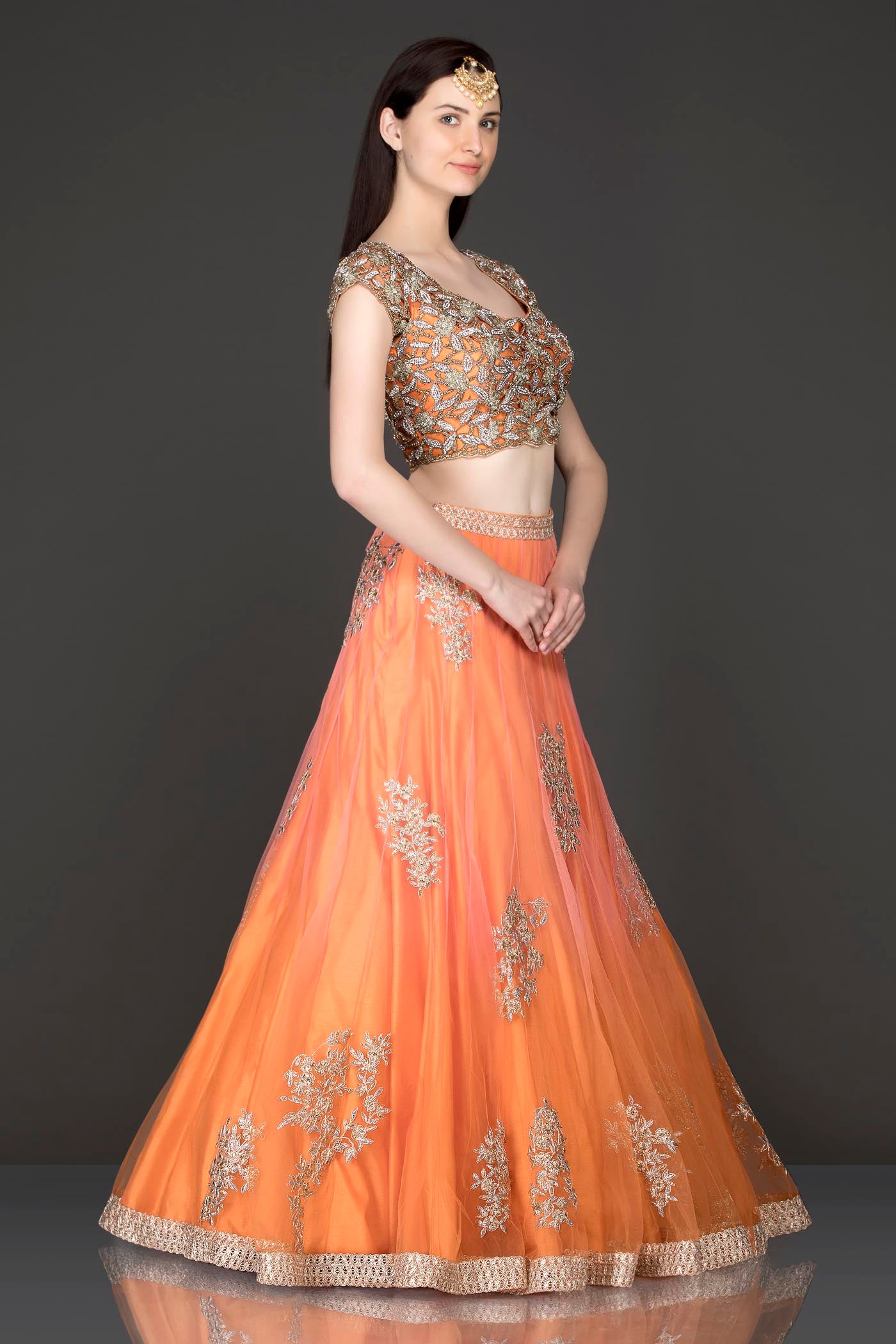 Burnt Orange Colour Lehenga Top And Dupatta With Cutwork Top