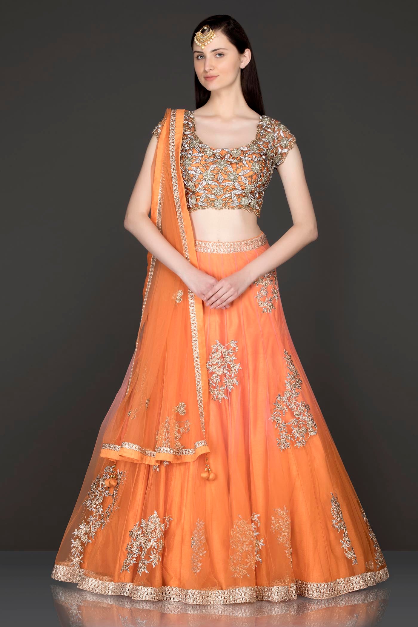 Burnt Orange Colour Lehenga Top And Dupatta With Cutwork Top