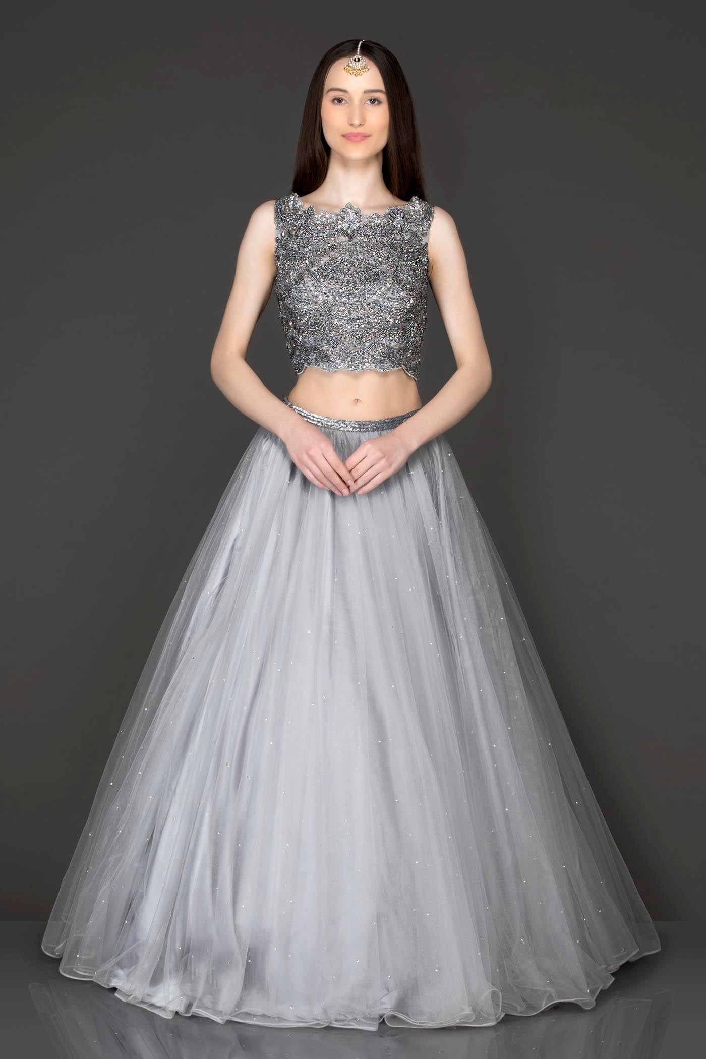 Metallic Grey Colour Net Lehenga Top And Dupatta