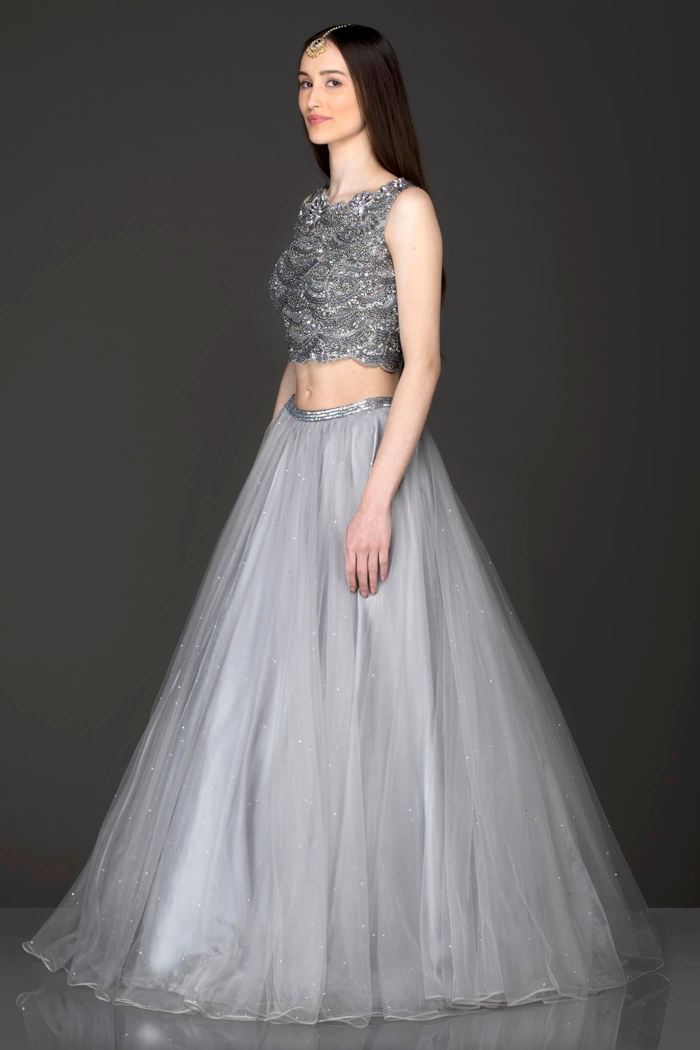 Metallic Grey Colour Net Lehenga Top And Dupatta