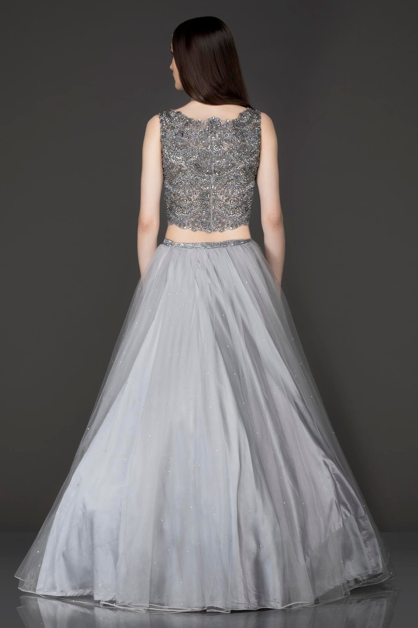 Metallic Grey Colour Net Lehenga Top And Dupatta