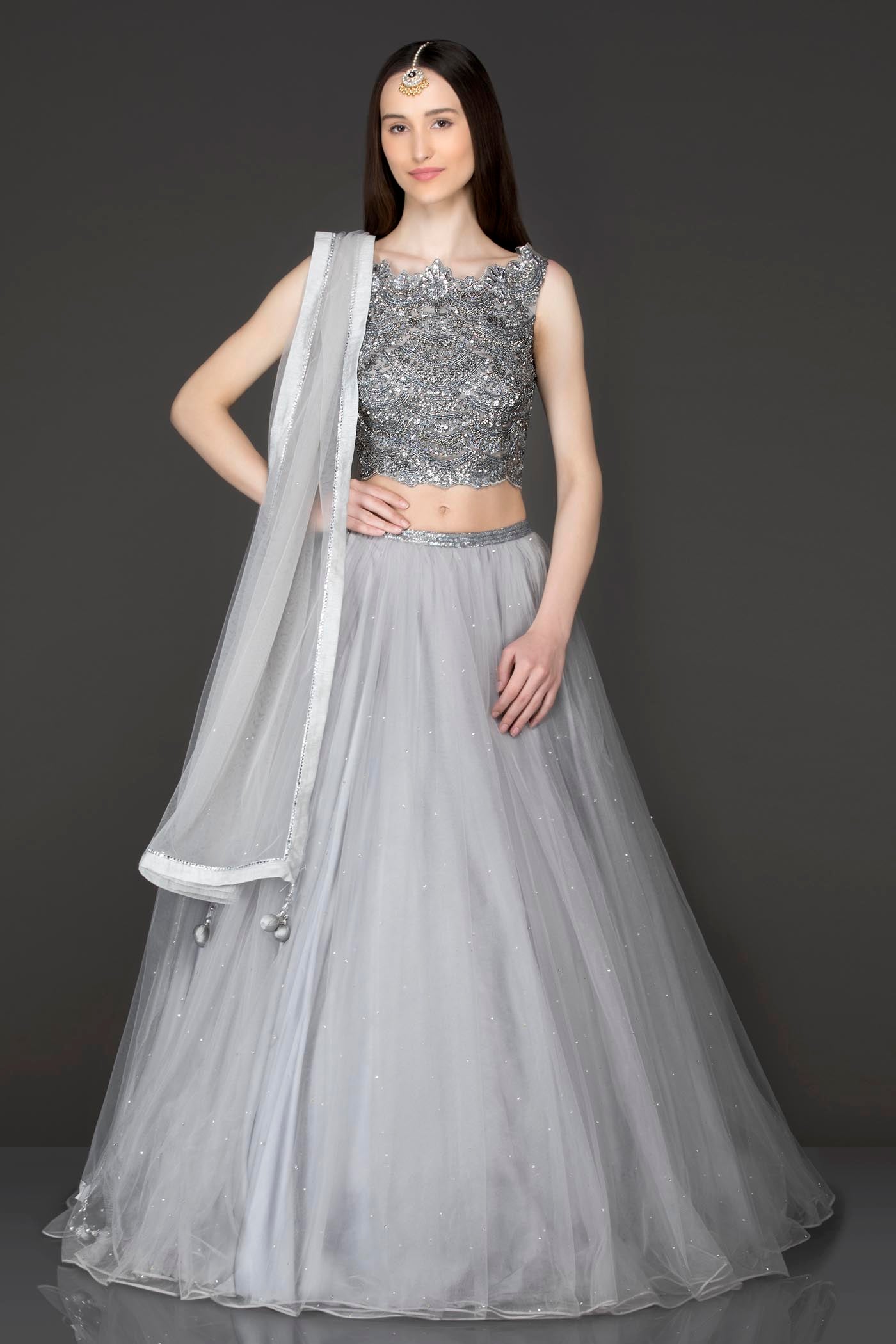 Metallic Grey Colour Net Lehenga Top And Dupatta