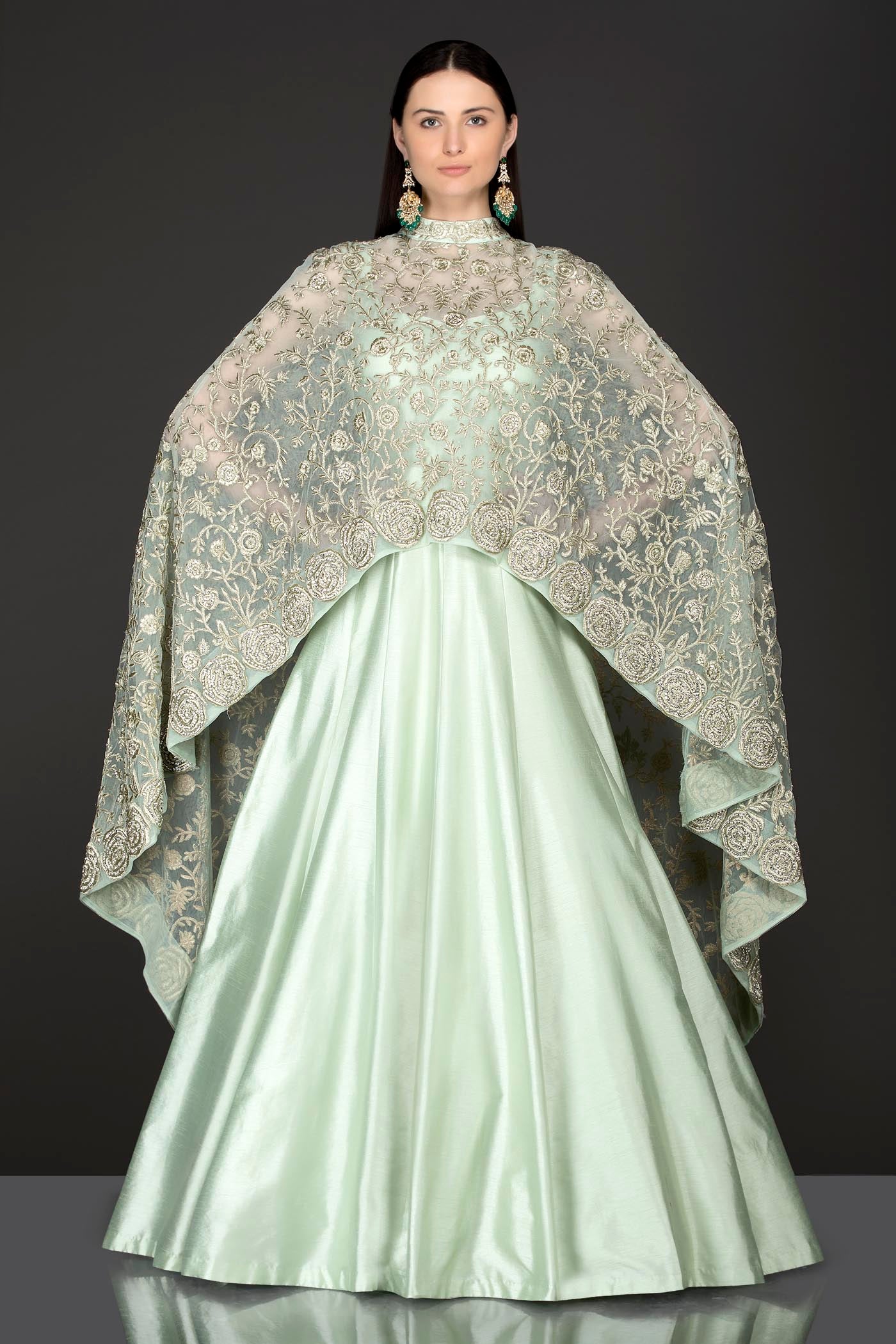 Mint Green Net Cape With Silk Anarkali/Gown