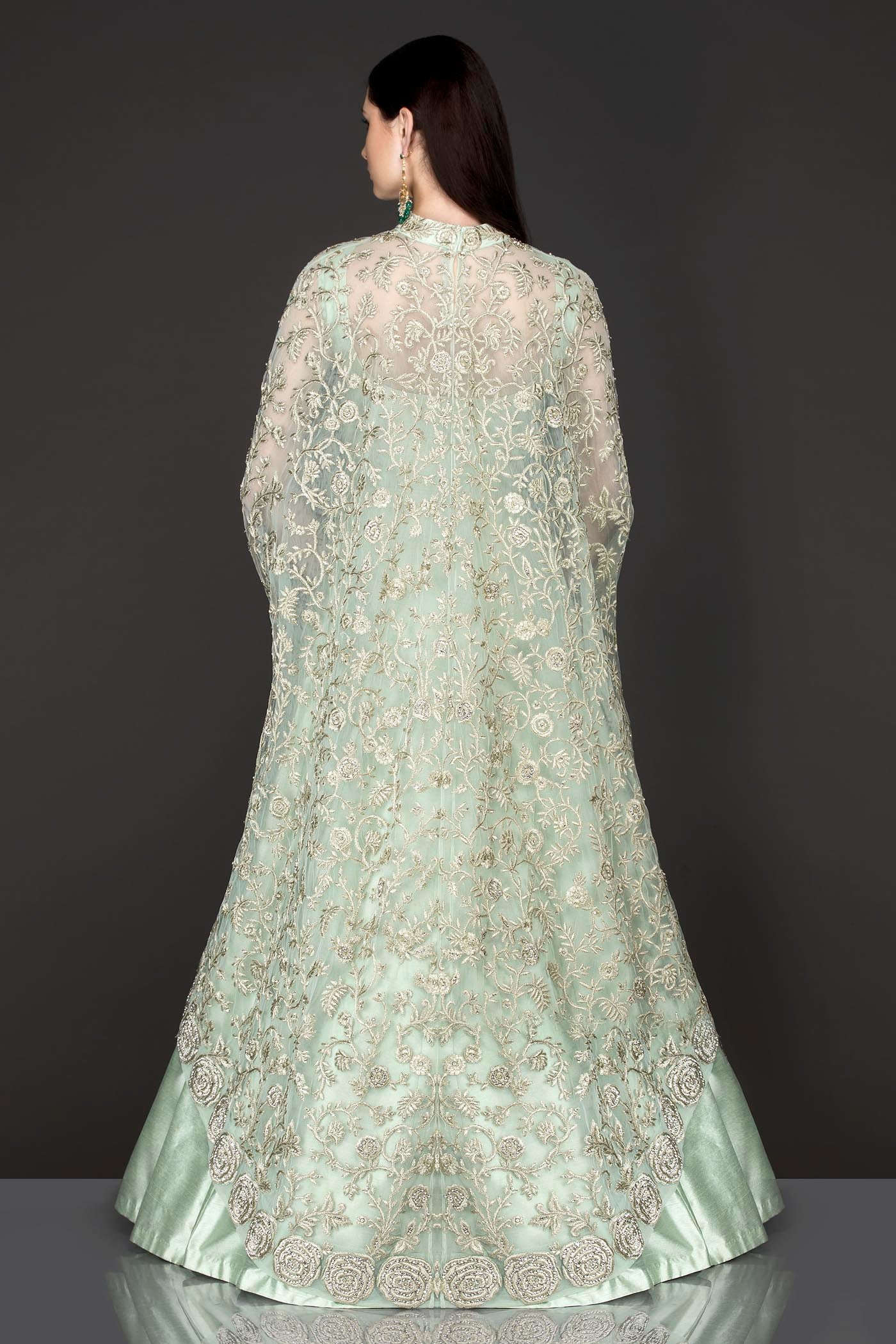 Mint Green Net Cape With Silk Anarkali/Gown