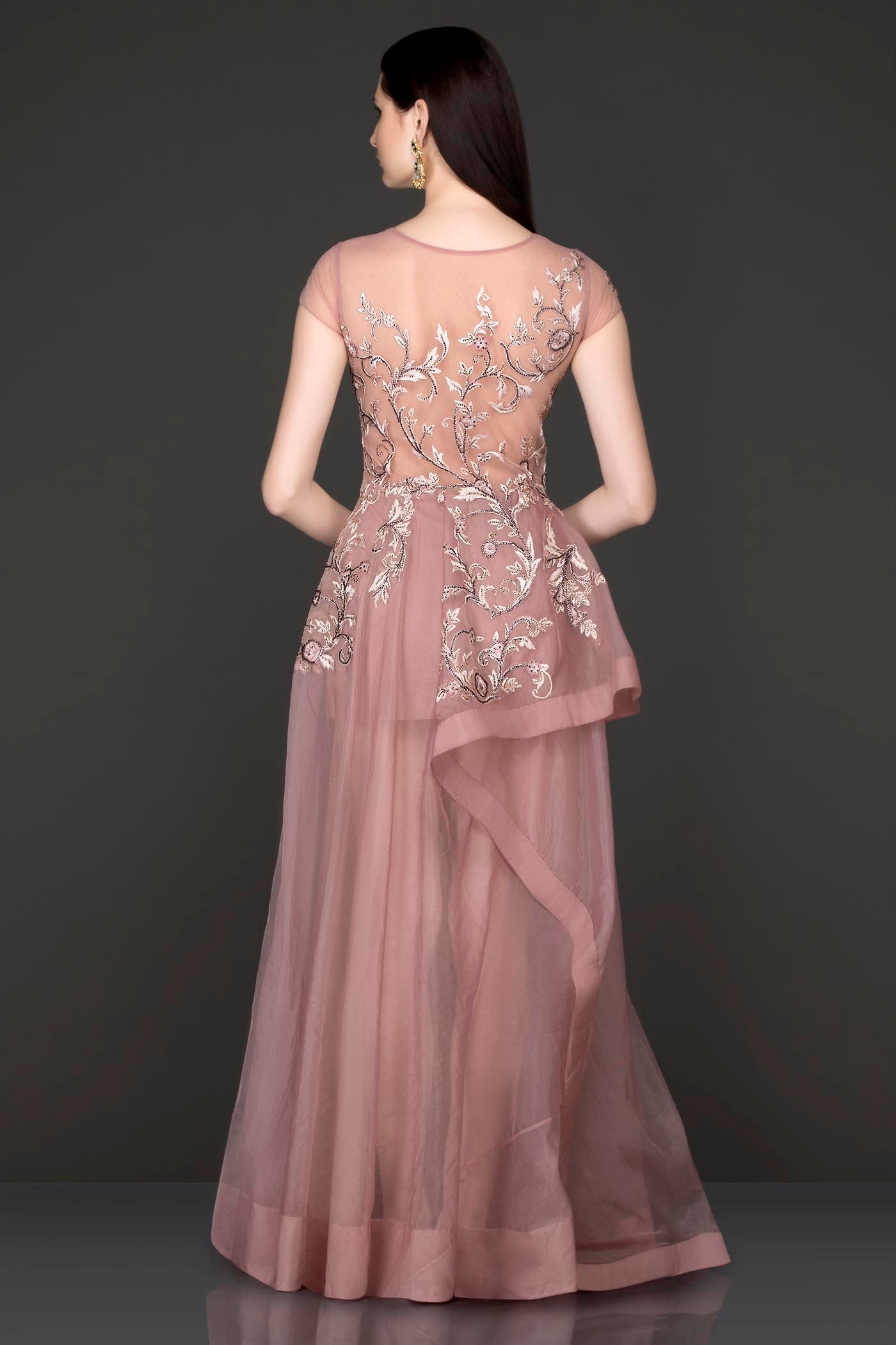 Mauve Colour One Piece Dress With Peplum Pleates On The Top Part Of The Dress